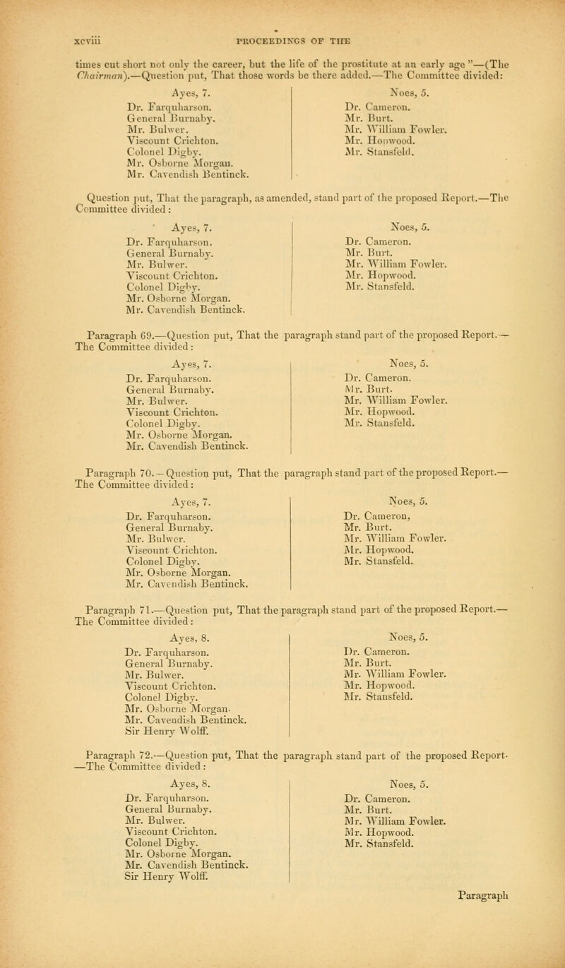 times cut sliort uot only the career, but the life of the prostitute at an early age —(The Chairman).—Question put. That those words be there added.—The Committee divided: Noes, 5. Ayes, 7. Dr. Farquhurson. General JJurnaby. Mr. Bulwcr. Viscount Crichton. Colonel Digby. Mr. Osborne Morgau. Mr. Cavendish Bentinck. Dr. Mr. Mr. Mr. xMr. Cameron. Burt. AVilliam Fowler. Houwood. Stansf'eld. Question put. That the paragraph, as amended, stand part of ihe proposed Report.—The Ccramittee divided: Aye.«, 7. Dr. Farquharson. General Burnaby. Mr. Buhver. Viscount Crichton. Colonel Digl>y. Mr. Osborne Morgan. Mr. Cavendish Bentinck. Noes, 5. Dr. Cameron. Mr. Burt. Mr. William Fowler. jMr. Hopwood. Mr. Stansfcld. Paragraph 69.—Question put. That the paragraph stand part of the proposed Report. The Committee divided: Aysis, 7. Dr. Farquharson. General Burnaby. Mr. Buhver. A^'iscount Crichton. Colonel Digby. Mr. Osborne Morgan. Sir. Cavendish Bentinck. Noes, 5. Dr. Cameron. Mr. Burt. ^Ir. William Fowler. J\lr. Hoj)wood. Mr. Stausfeld. Paragraph 70. —Question put, That the paragraph stand part of the proposed Report. The Committee divided: Ayes, 7. Dr. Farquharson. General Burnaby. INIr. Bulwcr. Viscount Crichton. Colonel Digby. Mr. Osborne Morgan. Mr. Cavendi.<h Bentinck. Noes, 5. Dr. Cameron, Mr. Burt. i\Ir. William Fowler. iMr. Hopwood. Mr. Stansfeld. Paragraph 71.—Question put. That the paragraph stand part of the proposed Report. The Committee divided: Ayes, 8. Dr. Farquharson. General Burnaby. Mr. Bulwcr. Viscount Crichton. Colonel Digby. Mr. Osborne Morgan- Mr. Cavendish Bentinck. Sir Henrv Wolff. Noes, 5. Dr. Cameron. Mr. Burt. Mr. AA'illiam Fowler. Mr. Hopwood. Mr. Stansfeld. Paragraph 72.—Question put. That the paragraph stand part of the proposed Report- -The Committee divided : Ayes, 8. Dr. Farquharson. General Burnaby. Mr. Buhver. Viscount Crichton. Colonel Digby. Mr. Osborne Morgan. Mr. Cavendish Bentinck. Sir Henry Wolfi'. Noes, 5. Dr. Cameron. Mr. Burt. Rh-. William Fowler. r\h-. Hopwood. Mr. Stansfeld.