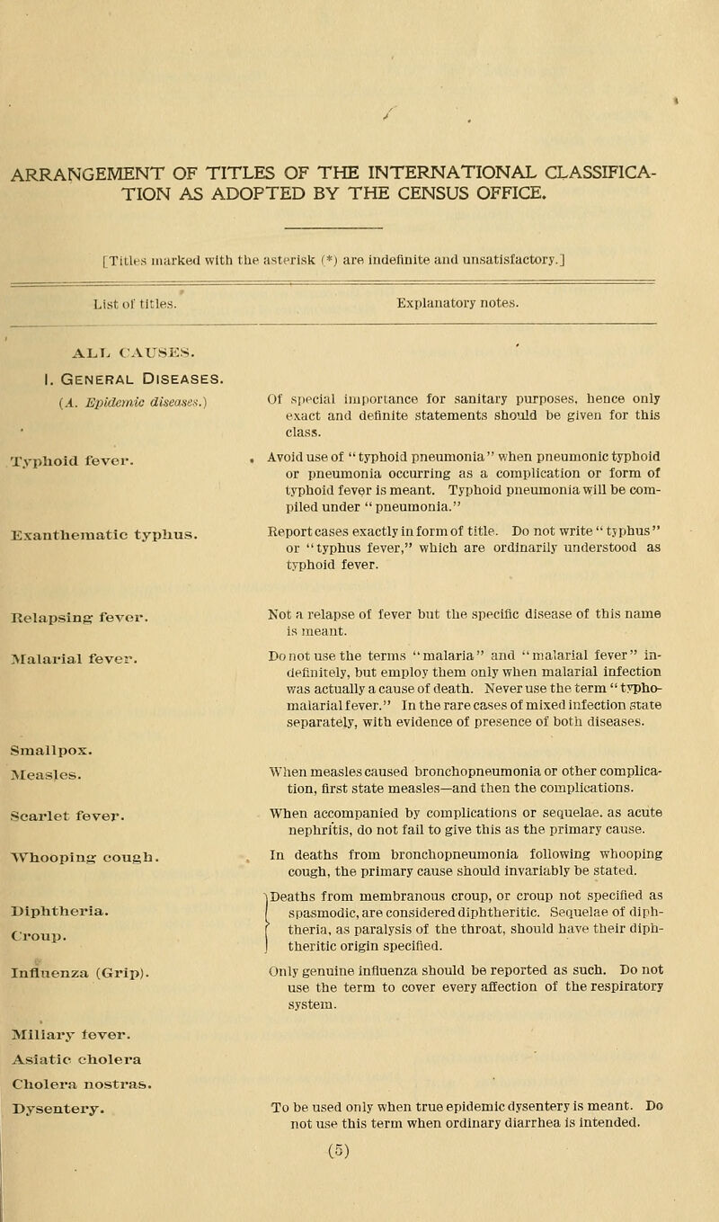 ARRANGEMENT OF TITLES OF THE INTERNATIONAL CLASSIFICA- TION AS ADOPTED BY THE CENSUS OFFICE. [Titles marked with the asterisk (*) are indefinite and unsatisfactory.] List of titles. Explanatory notes. ALL CAUSES. I. General Diseases. (.1. Epidemic disease*.) Typhoid fever. Exanthematic typhus. Of special importance for sanitary purposes, hence only exact and definite statements should be given for this class. Avoid use of  typhoid pneumonia  when pneumonic typhoid or pneumonia occurring as a complication or form of typhoid fever is meant. Typhoid pneumonia will be com- piled under  pneumonia. Report cases exactly in form of title. Do not write typhus or typhus fever, which are ordinarily understood as typhoid fever. Kelapsing fever Malarial fever. Smallpox. Measles. Scarlet fever- Whooping cough. Diphtheria. Croup. Influenza (Grip). Miliary fever. Asiatic cholera Cholera nostras. Dysentery. Not a relapse, of fever but the specific disease of this name is meant. Do not use the terms malaria and malarial fever in- definitely, but employ them only when malarial infection was actually a cause of death. Never use the term  typho- malar ial fever. In the rare cases of mixed infection state separately, with evidence of presence of both diseases. When measles caused bronchopneumonia or other complica- tion, first state measles—and then the complications. When accompanied by complications or sequelae, as acute nephritis, do not fail to give this as the primary cause. In deaths from bronchopneumonia following whooping cough, the primary cause should invariably be stated. !Deaths from membranous croup, or croup not specified as spasmodic, are considered diphtheritic. Sequelae of diph- theria, as paralysis of the throat, should have their diph- theritic origin specified. Only genuine influenza should be reported as such. Do not use the term to cover every affection of the respiratory system. To be used only when true epidemic dysentery is meant. Do not use this term when ordinary diarrhea is intended.