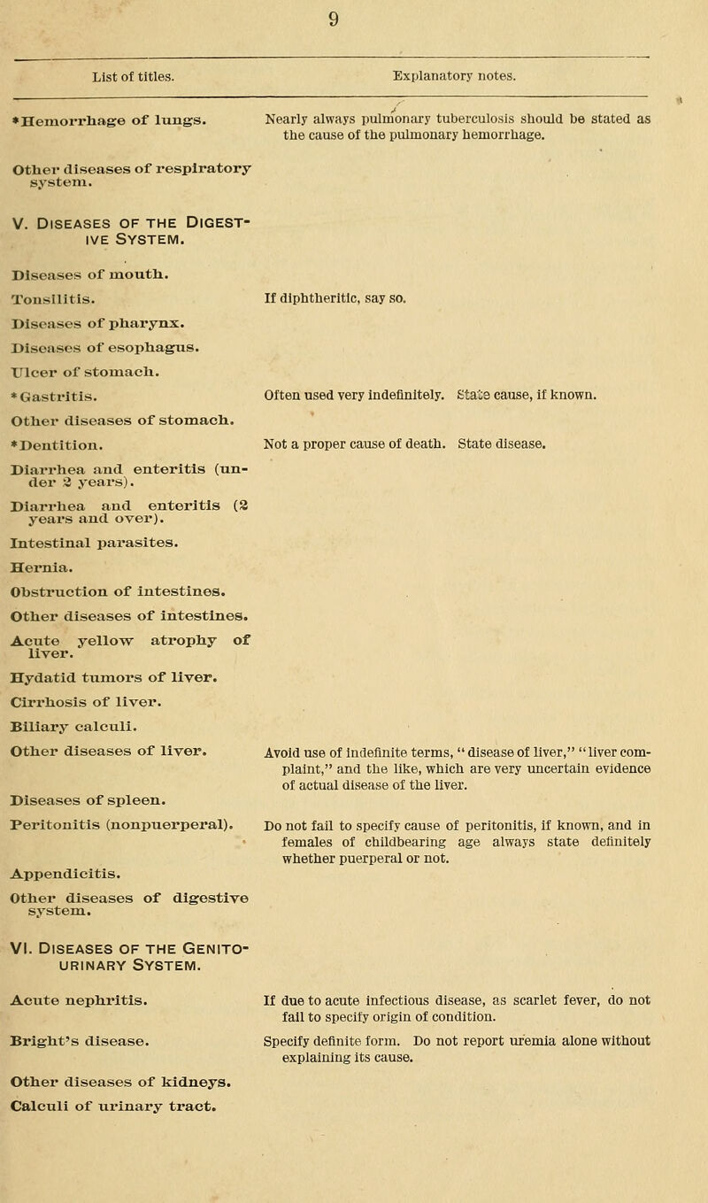 ♦Hemorrhage of lungs. Other diseases of respiratory system. V. Diseases of the Digest- ive System. Diseases of mouth. Tonsilitis. Diseases of pharynx. Diseases of esophagus. TTlcer of stomach. ♦Gastritis. Other diseases of stomach. ♦Dentition. Diarrhea and enteritis (un- der 2 years). Diarrhea and enteritis (3 years and over). Intestinal parasites. Hernia. Obstruction of intestines. Other diseases of intestines. Acute yellow atrophy of liver. Hydatid tumors of liver. Cirrhosis of liver. Biliary calculi. Other diseases of liver. Diseases of spleen. Peritonitis (nonpuerperal). Appendicitis. Other diseases of digestive system. VI. Diseases of the Genito- urinary System. Acute nephritis. Bright's disease. Other diseases of kidneys. Calculi of urinary tract. Nearly always pulmonary tuberculosis should be stated as the cause of the pulmonary hemorrhage. If diphtheritic, say so. Often used very indefinitely. Stale cause, if known. Not a proper cause of death. State disease. Avoid use of indefinite terms,  disease of liver,  liver com- plaint, and the like, which are very uncertain evidence of actual disease of the liver. Do not fail to specify cause of peritonitis, if known, and in females of childhearing age always state definitely whether puerperal or not. If due to acute infectious disease, as scarlet fever, do not fail to specify origin of condition. Specify definite form. Do not report uremia alone without explaining its cause.