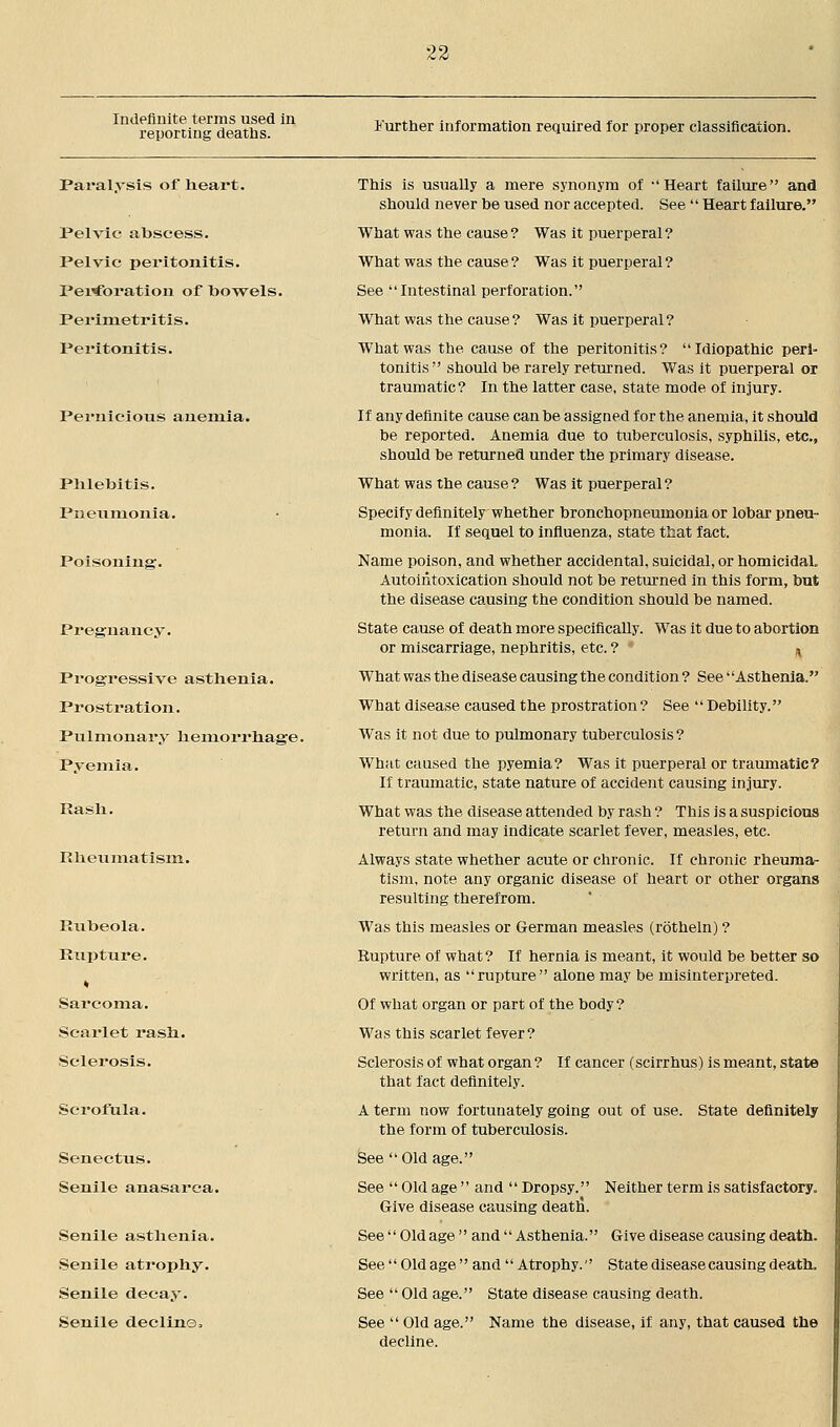 Indefinite terms used in reporting deaths. Further information required for proper classification. Paralysis of heart. Pelvic abscess. Pelvic peritonitis. Perforation of bowels. Perimetritis. Peritonitis. Pernicious anemia. Phlebitis. Pneumonia. Poisoning. Pregnancy. Progressive asthenia. Prostration. Pulmonary hemorrhage. Pyemia. Rash. Rheumatism. Rubeola. Riipture. Sarcoma. Scarlet rash. Sclerosis. Scrofula. Senectus. Senile anasarca. Senile asthenia. Senile atrophy. Senile decay. Senile decline, This is usually a mere synonym of Heart failure and should never be used nor accepted. See  Heart failure. What was the cause? Was it puerperal? What was the cause? Was it puerperal? See Intestinal perforation. What was the cause? Was it puerperal? What was the cause of the peritonitis? Idiopathic peri- tonitis should be rarely returned. Was it puerperal or traumatic? In the latter case, state mode of injury. If any definite cause can be assigned for the anemia, it should be reported. Anemia due to tuberculosis, syphilis, etc., should be returned under the primary disease. What was the cause? Was it puerperal? Specify definitely whether bronchopneumonia or lobar pneu- monia. If sequel to influenza, state that fact. Name poison, and whether accidental, suicidal, or homicidal. Autointoxication should not be returned in this form, but the disease causing the condition should be named. State cause of death more specifically. Was it due to abortion or miscarriage, nephritis, etc. ? • 4 What was the disease causing the condition ? See Asthenia. What disease caused the prostration ? See '' Debility. Was it not due to pulmonary tuberculosis ? What caused the pyemia? Was it puerperal or traumatic? If traumatic, state nature of accident causing injury. What was the disease attended by rash ? This is a suspicious return and may indicate scarlet fever, measles, etc. Always state whether acute or chronic. If chronic rheuma- tism, note any organic disease of heart or other organs resulting therefrom. Was this measles or German measles (rotheln) ? Rupture of what ? If hernia is meant, it would be better so written, as rupture alone may be misinterpreted. Of what organ or part of the body? Was this scarlet fever? Sclerosis of what organ ? If cancer (scirrhus) is meant, state that fact definitely. A term now fortunately going out of use. State definitely the form of tuberculosis. See Old age. See  Old age and  Dropsy. Neither term is satisfactory. Give disease causing death*. See'' Old age'' and'' Asthenia. Give disease causing death. See  Old age  and  Atrophy. State disease causing death. See  Old age. State disease causing death. See  Old age. Name the disease, if any, that caused the decline.