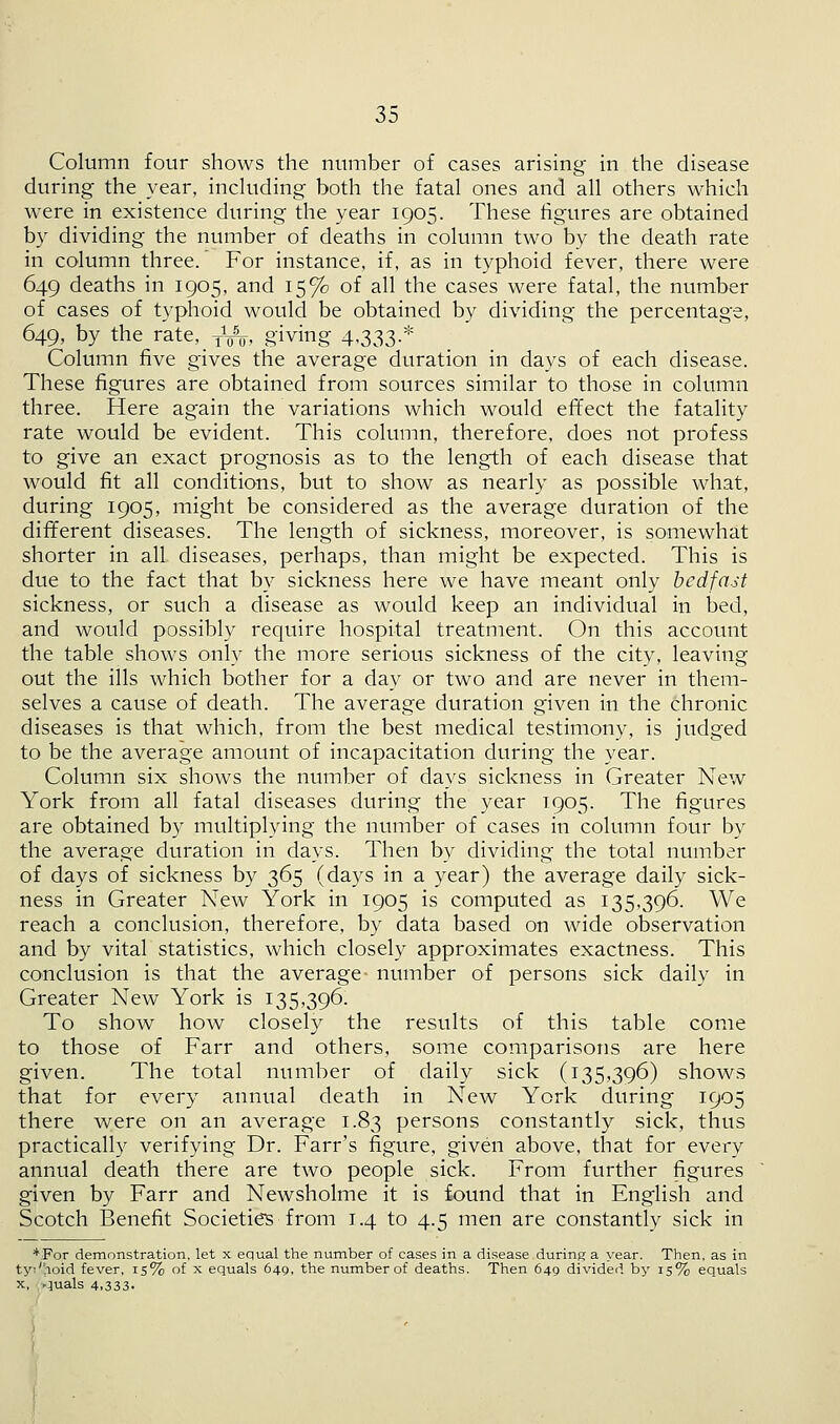 Column four shows the number of cases arising in the disease during the year, including both the fatal ones and all others which were in existence during the year 1905. These figures are obtained by dividing the number of deaths in column two by the death rate in column three. For instance, if, as in typhoid fever, there were 649 deaths in 1905, and 15% of all the cases were fatal, the number of cases of typhoid would be obtained by dividing the percentage, 649, by the rate,^, giving 4-333-* Column five gives the average duration in days of each disease. These figures are obtained from sources similar to those in column three. Here again the variations which would effect the fatality rate would be evident. This column, therefore, does not profess to give an exact prognosis as to the length of each disease that would fit all conditions, but to show as nearly as possible what, during 1905, might be considered as the average duration of the different diseases. The length of sickness, moreover, is somewhat shorter in all diseases, perhaps, than might be expected. This is due to the fact that by sickness here we have meant only bedfast sickness, or such a disease as would keep an individual in bed, and would possibly require hospital treatment. On this account the table shows only the more serious sickness of the city, leaving out the ills which bother for a day or two and are never in them- selves a cause of death. The average duration given in the chronic diseases is that which, from the best medical testimony, is judged to be the average amount of incapacitation during the year. Column six shows the number of days sickness in Greater New York from all fatal diseases during the year T.905. The figures are obtained by multiplying the number of cases in column four by the average duration in days. Then by dividing the total number of days of sickness by 365 (days in a year) the average daily sick- ness in Greater New York in 1905 is computed as 135,396. We reach a conclusion, therefore, by data based on wide observation and by vital statistics, which closely approximates exactness. This conclusion is that the average number of persons sick daily in Greater New York is 135,396. To show how closely the results of this table come to those of Farr and others, some comparisons are here given. The total number of daily sick (135,396) shows that for every annual death in New York during 1905 there were on an average 1.83 persons constantly sick, thus practically verifying Dr. Farr's figure, given above, that for every annual death there are two people sick. From further figures given by Farr and Newsholme it is found that in English and Scotch Benefit Societies from 1.4 to 4.5 men are constantly sick in *For demonstration, let x equal the number of cases in a disease during a year. Then, as in ty:''.ioid fever, 15% of x equals 649, the number of deaths. Then 649 divided by 15% equals x, -juals 4,333,