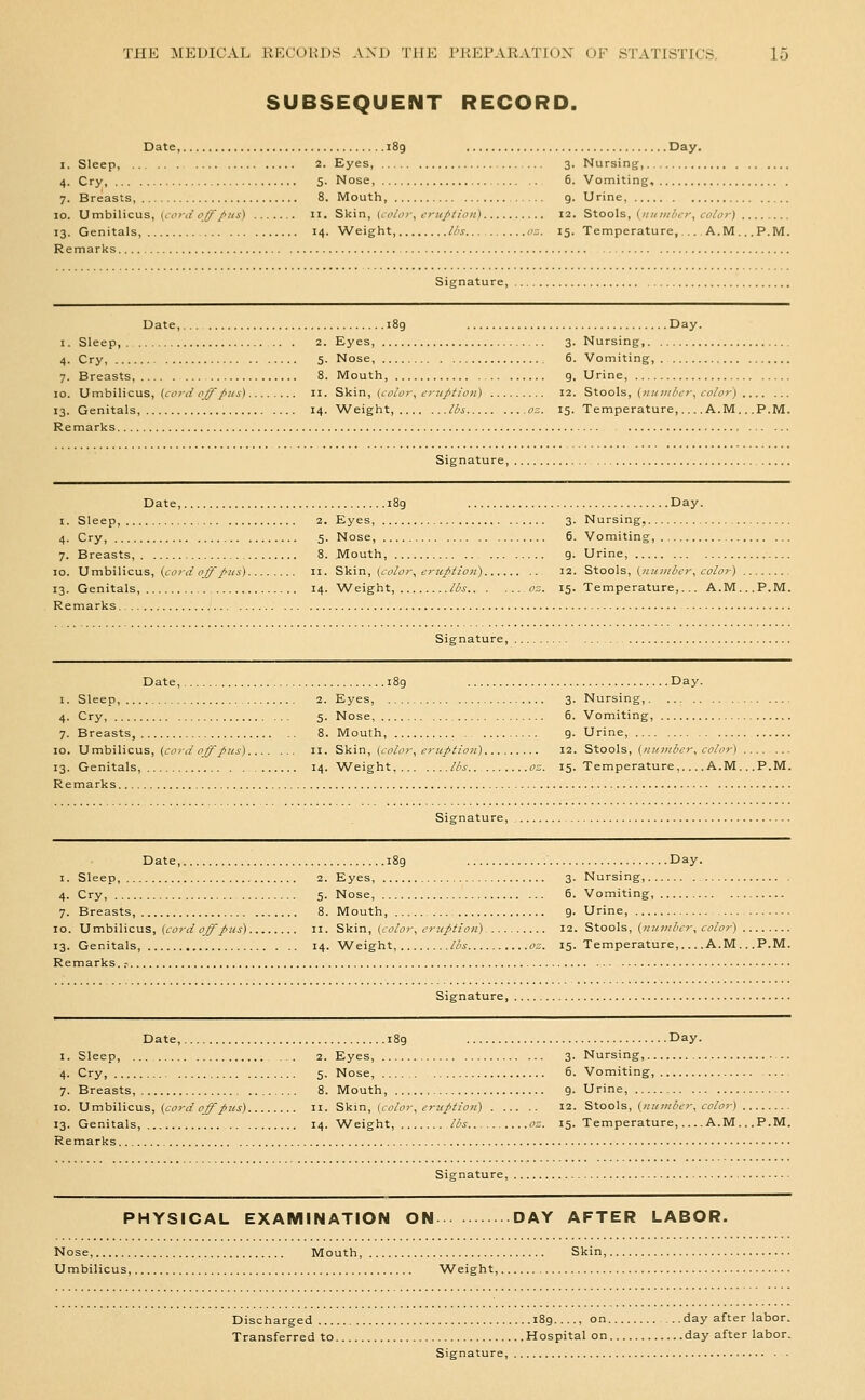 SUBSEQUENT RECORD. Date, 189 Day. I. Sleep, 2. Eyes, 3. Nursing, 4. Cry, 5. Nose, 6. Vomiting, 7. Breasts, 8. Mouth, 9. Urine, 10. 'Umhi\icus, {cvr,/ off/ii/s) II. Skin, (c'o/or, i'ru///i>/i) 12. Stools, (im/uic-r, co/ar) 13. Genitals, 14. Weight, Ihs.... oz. 15. Temperature, ... A.M.. .P.M. Remarks Signature, Date, 189 Day. I. Sleep, .. . 2. Eyes, 3. Nursing, 4. Cry, 5. Nose, 5. Vomiting, 7. Breasts, 8. Mouth, 9. Urine, 10. \imhiWcMS, (cord off/>us) 11. SVXn, {color, crtiptioii) 12. S\,oo\%, (number, color) 13. Genitals, 14. Weight, lbs oz. 15. Temperature, A.M...P.M. Remarks. Signature, Date, i8g Day. I. Sleep, 2. Eyes, 3. Nursing, 4. Cry, 5. Nose, 5. Vomiting, 7. Breasts, 8. Mouth, 9. Urine, 10. MmhWizMS, (cord off J>us) 11. Skin, (color, eruption) 32. Stools, (innnbcr, color) 13. Genitals, 14. Weight, lbs 0:. 15. Temperature,. .. A.M.. .P.M. Remarks. Signature, Date, 189 Day. I. Sleep, 2. Eyes, 3. Nursing, 4. Cry 5. Nose, 6. Vomiting, 7. Breasts, 8. Mouth, g. Urine, 10. Umbilicus, (<:();-</c_^/«i-) II. Skin, (coloj-, eruptio?i) 12. Stools, (nu7nbcr, color) 13. Genitals, 14. Weight, lbs oz. 15. Temperature, A.M...P.M. Remarks. Siarnature, Date, 189 Day. I. Sleep, 2. Eyes, 3. Nursing, 4. Cry, 5. Nose, 6. Vomiting, 7. Breasts, 8. Mouth, 9. Urine, TO. Umbilicus, (cord off/>us) 11. Skin, (color, eruJ>tio)i) 12. Stools, (number, coloi-) . 13. Genitals, 14. Weight, lbs oz. 15. Temperature A.M.. Remarks, r Signature, Date, 189 Day. I. Sleep, ... 2. Eyes, 3- Nursing, 4. Cry, 5. Nose 6. Vomiting, 7. Breasts, 8. Mouth, 9- Urine, 10. \Jmhilicus, (cord off pus) 11. Skin, (color, eriipiion) 12. Stools, (nmnber, color) 13. Genitals, 14. Weight, lbs.. oz. 15. Temperature, A.M. Remarks Signature, PHYSICAL EXAMINATION ON DAY AFTER LABOR. Nose, Mouth, Skin, Umbilicus, W^eight, Discharged 189 , on day after labor. Transferred to Hospital on day after labor.