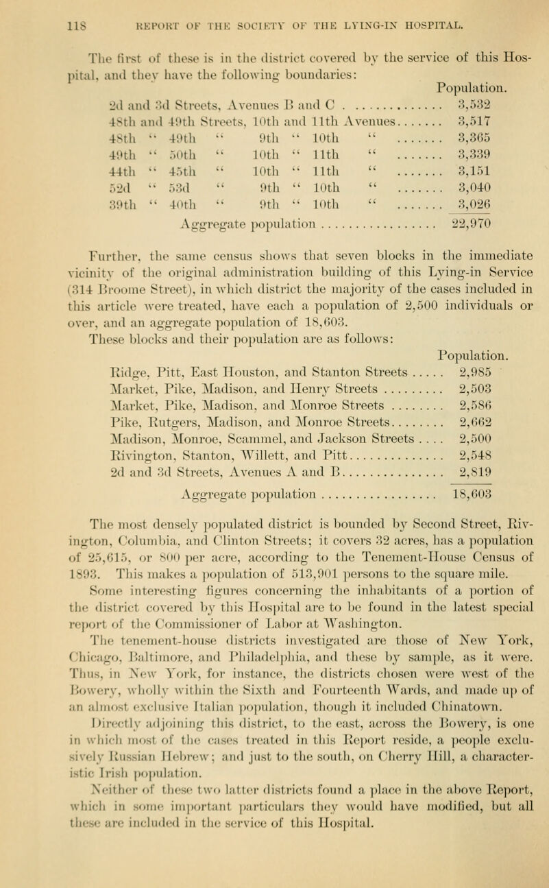 Tlie fii*st of these is in the district covered by the service of this Hos- pital, and they have the foHowino- boundaries: Popuhxtion. 2d and 'MX Streets, Avenues B and C 8,532 48th and 40th Streets. 10th and 11th Avenues 3,517 48th •• 4i>th '* Oth  lOth ^' 3,365 40th  50th  10th  11th  3,339 44th '* 45th  10th  11th  3,151 52d  53d  9th '' loth  3,040 39th •' 4(tth  9th '' lotli  3,026 Aggregate population 22,970 Further, the same census sliows that seven blocks in the immediate vicinity of the original administi'ation building of this Lying-in Service (314 Broome Street), in Avhich district the uuijority of the cases included in this article were treated, have each a population of 2,500 individuals or over, and an aggregate population of 18,603. These blocks and their po})ulation are as follows: Population. Ridge, Pitt, East Houston, and Stanton Streets 2,985 Market, Pike, Madison, and Henry Streets 2,503 Market, Pike, Madison, and Monroe Streets 2,586 Pike, Rutgers, Madison, and Monroe Streets 2,662 Madison, Monroe, Scammel, and Jackson Streets .... 2,500 Rivington, Stanton, Willett, and Pitt 2,548 2d and 3d Streets, Avenues A and J} 2,819 Aggregate population 18,603 The most densely populated district is bounded by Second Street, Riv- ington, Columbia, and Clinton Streets; it covers 32 acres, has a population of 25,615, or 800 per acre, according to the Tenement-House Census of 1893. This makes a ])opulation of 513,901 persons to the square mile. Some interesting figures concerning the inhabitants of a portion of the district covered l)y this Hosjiital are to be found in the latest special r(;jK)i-t of the Commissioner of Labor at AVashington. Tlie tenement-hous(; districts investigated are those of New York, Chicago, l)altimore, and Pliilad('l])hia, and these by sam])le, as it were. Thus, in New York, for instance, tlu^ disti'icts chosen were west of the Bowery, \vholly within the Sixth ;md Fourteenth Wards, and made up of an almost cxcbisivc Italian p<)j)ulati<)n, though it included fliinatown. Directly adjoining this district, to the east, across the Bowery, is one in which most of the cases treated in this Ilcport reside, a people exclu- sively iiussian Hebrew; and just U> the south, on Cherry Hill, a character- i.stic Irish population. Neither of these two latter districts found a place in the above Report, which in some im|)ortant particulars thisy would have modified, but all these are included in the service of this Ilosjutal.