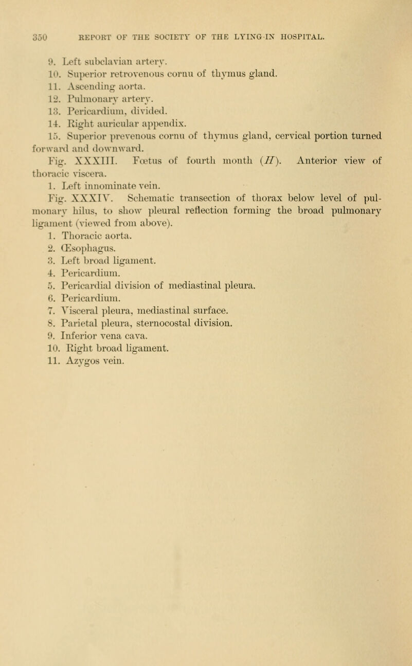 9. Left subclavian artery. 10. Superior retrovenous cornu of thymus giaud. 11. Asceiulini^- aorta. 12. Puliuonai'v artery. 13. Pericardium, divided. 14. Right auricuhir ai)})eutlix. 15. Superior prevenous cornu of thymus gland, cervical portion turned forwaixl and downward. Fig. XXXIIl. Fcvtus of fourth month (//). Anterior view of thoracic viscera. 1. Left innominate vein. Fig. XXXR'. Schematic transection of thorax below level of pul- monary hilus, to show pleural reflection forming the broad pulmonary ligament (Anewed from above). 1. Thoracic aorta. 2. (Esophagus. 3. Left broad ligament. 4. Pericardium. 5. Pericardial division of mediastinal pleura. (!. Pericardium. 7. Visceral ]ileura, mediastinal surface. 8. Parietal pleura, sternocostal division. 9. Inferior vena cava. 10. Eight broad ligament. 11. Azygos vein.