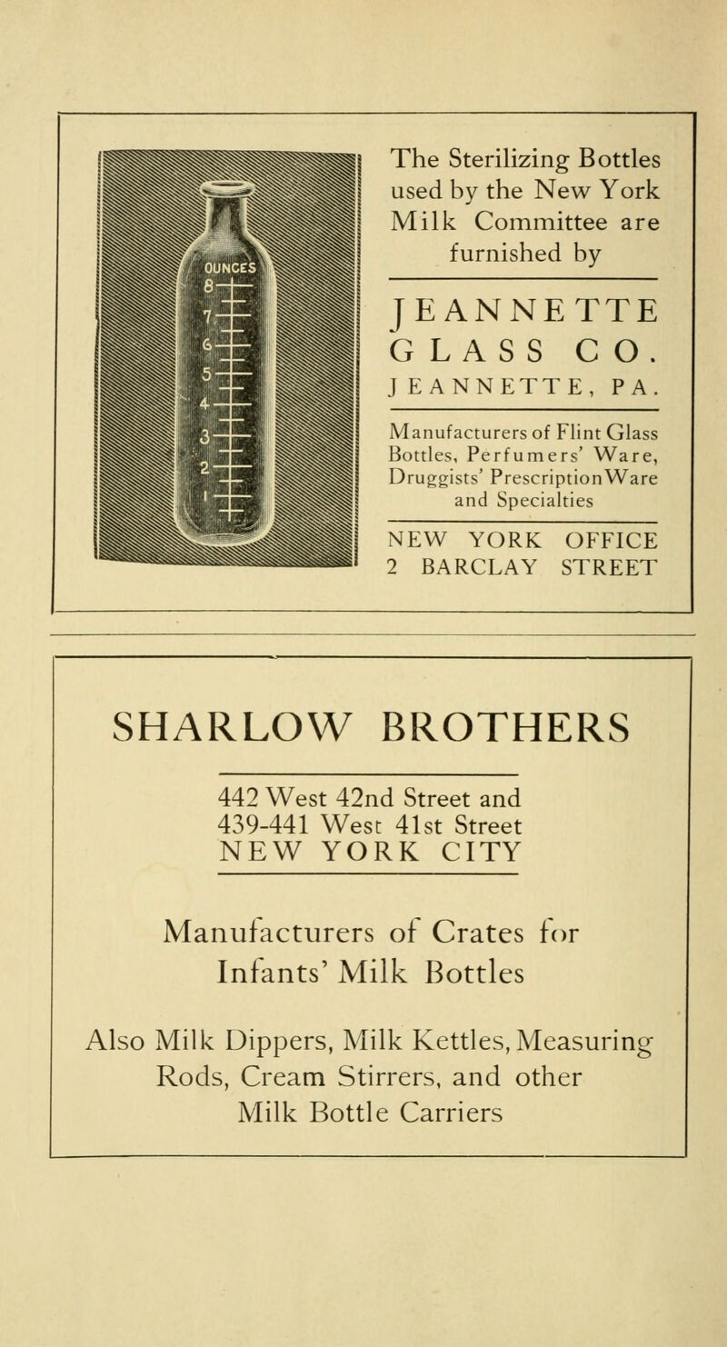 The Sterilizing Bottles used by the New York Milk Committee are furnished by JEANNETTE GLASS CO. J E ANNETTE, PA. Manufacturers of Flint Glass Bottles, Perfumers' Ware, Druggists' PrescriptionWare and Specialties NEW YORK OFFICE 2 BARCLAY STREET SHARLOW BROTHERS 442 West 42nd Street and 439-441 West 41st Street NEW YORK CITY Manufacturers of Crates for Infants' Milk Bottles Also Milk Dippers, Milk Kettles,Measuring Rods, Cream Stirrers, and other Milk Bottle Carriers