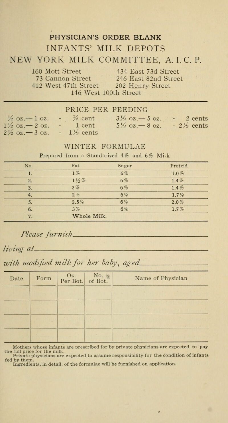 INFANTS' MILK DEPOTS NEW YORK MILK COMMITTEE, A. I. C. P. 160 Mott Street 434 East 73cl Street 73 Cannon Street 246 East 82nd Street 412 West 47th Street 202 Henry Street 146 West 100th Street PRICE PER FEEDING Yi oz.— 1 oz. - Vi cent 3% oz.— 5 oz. \Vi oz.— 2 oz. - 1 cent 5% oz.— 8 oz. 2/^ oz.— 3 oz. - 1% cents WINTER FORMULAE 2 cents 2V<2 cents Prepared from a Standarizt :d 4% and 6% Mi k No. Fat Sugar Proteid 1. 1% 6% 1.0 % 2. W2% 6% 1.4% 3. 2% 6% 1.4% 4. 2 fe 6% 1.7% 5. 2.5% 6% 2.0% 6. 3% 6V 1.7% 7. Whole Milk. Please furnish, living at with modified milk for her baby, aged. Date Form Oz. No. Per Bot. of Bot. Name of Physician Mothers whose infants are prescribed for by private physicians are expected to pay the full price for the milk. Private physicians are expected to assume responsibility for the condition of infants fed by them. Ingredients, in detail, of the formulae will be furnished on application.