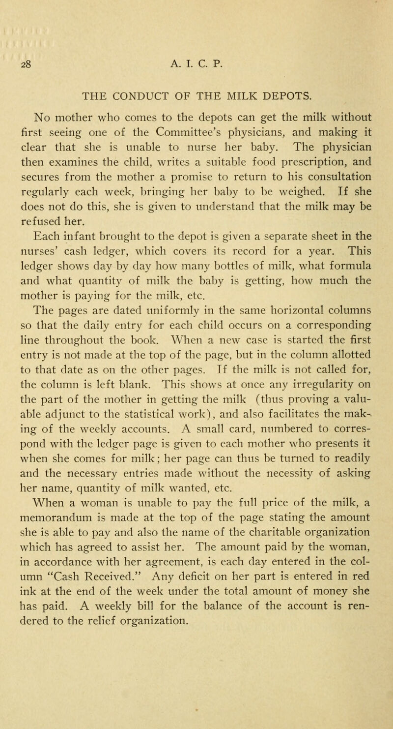 THE CONDUCT OF THE MILK DEPOTS. No mother who comes to the depots can get the milk without first seeing one of the Committee's physicians, and making it clear that she is unable to nurse her baby. The physician then examines the child, writes a suitable food prescription, and secures from the mother a promise to return to his consultation regularly each week, bringing her baby to be weighed. If she does not do this, she is given to understand that the milk may be refused her. Each infant brought to the depot is given a separate sheet in the nurses' cash ledger, which covers its record for a year. This ledger shows day by day how many bottles of milk, what formula and what quantity of milk the baby is getting, how much the mother is paying for the milk, etc. The pages are dated uniformly in the same horizontal columns so that the daily entry for each child occurs on a corresponding line throughout the book. When a new case is started the first entry is not made at the top of the page, but in the column allotted to that date as on the other pages. If the milk is not called for, the column is left blank. This shows at once any irregularity on the part of the mother in getting the milk (thus proving a valu- able adjunct to the statistical work), and also facilitates the mak- ing of the weekly accounts. A small card, numbered to corres- pond with the ledger page is given to each mother who presents it when she comes for milk; her page can thus be turned to readily and the necessary entries made without the necessity of asking her name, quantity of milk wanted, etc. When a woman is unable to pay the full price of the milk, a memorandum is made at the top of the page stating the amount she is able to pay and also the name of the charitable organization which has agreed to assist her. The amount paid by the woman, in accordance with her agreement, is each day entered in the col- umn Cash Received. Any deficit on her part is entered in red ink at the end of the week under the total amount of money she has paid. A weekly bill for the balance of the account is ren- dered to the relief organization.