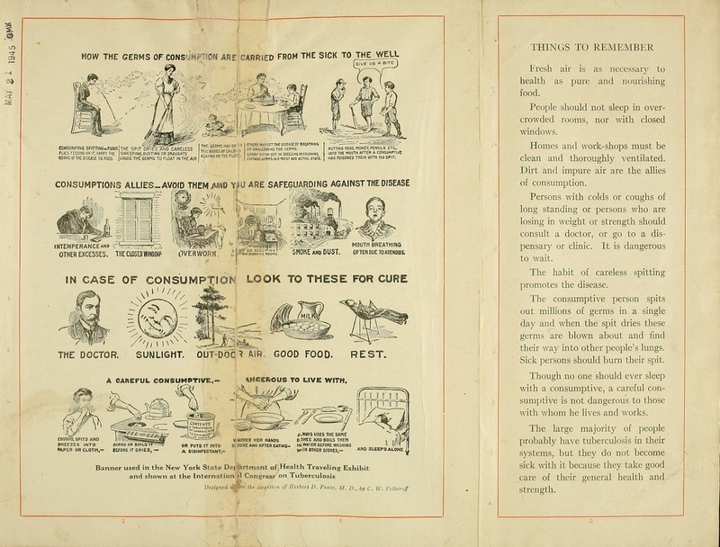 HOW THE GERMS OF CONSUMPTION AReIcABRIED FROM THE SICK TO THEJV^t!- CW(StHmveSPrmM«raiORlTHE spit Df/lftANOCARELESS I^LS™,^,? FLIES fEtWNGONIT.CJRBY I«£ SWEEPIKS.DUSTINS OR ORAUGnTS unmFsnp raui«J, 6ERMS OF THE DISEASE TO fOOO. IcAUSE THE GERMS TO FUDAT IN TT1E AIR. CONSUMPTIONS ALLIES-AVOID THEM/^»0 YW ARE SAFEGUARDING AGAINST THE DISEASE INTEMPERANCE OTHER EXCESSES THECLBSEDWINDOiy OVERWORK ,^  MOUTH BREATHING 5H0KE AND OUST oftekouetoadenoks IN CASE OF consumption! LOOK TO THESE FOR CURE THE DOCTOR. SUNLIGHT. OUT-DOO;? AIR. GOOD FOOD. REST. A CAREFUL CONSUMPTIVE.- 4MCCROUS TO LIVE WITH. ^Jy \'^s££P:S^^7g~ ^-l5-°^'1tv /.WHS USES THE SAHf COUGHS, SPITS AND I ^°t'~~^ „• ^ -ii^Ii-^ »«£HES HEH HANDS D.SHES AND BOIES THEM OR PUTS IT INTO 01 TORE AMO AFTEII EATIKG- IN WAIEBOEFORE WASHING „„ „. , A DISINFECTANT,- WrlH OTHER DISHES.- A«D SLEEPS ALONE Banner used in the New York State Defiartment of Health Traveling Exhibit and shown at the Internation*! Congress ^^ Tuberculosis Designed (Aw«r (Ae direction of llethui D. Pease, U. D., by C. W. Felherojf i THINGS TO REMEMBER Fresh air is as necessary to healtli as pure and nourisliing food. People should not sleep m over- crowded rooms, nor with closed windows. Homes and work-shops must be clean and thoroughly ventilated. Dirt and impure air are the allies of consumption. Persons with colds or coughs of long standing or persons who are losing in weight or strength should consult a doctor, or go to a dis- pensary or chnic. It is dangerous to wait. The habit of careless spitting promotes the disease. The consumptive person spits out minions of germs in a single day and when the spit dries these germs are blown about and find their way into other people's lungs. Sick persons should burn their spit. Though no one should ever sleep with a consumptive, a careful con- sumptive is not dangerous to those with whom he lives and works. The large majority of people probably have tuberculosis in their systems, but they do not become sick with it because they take good care of their general health and strength.