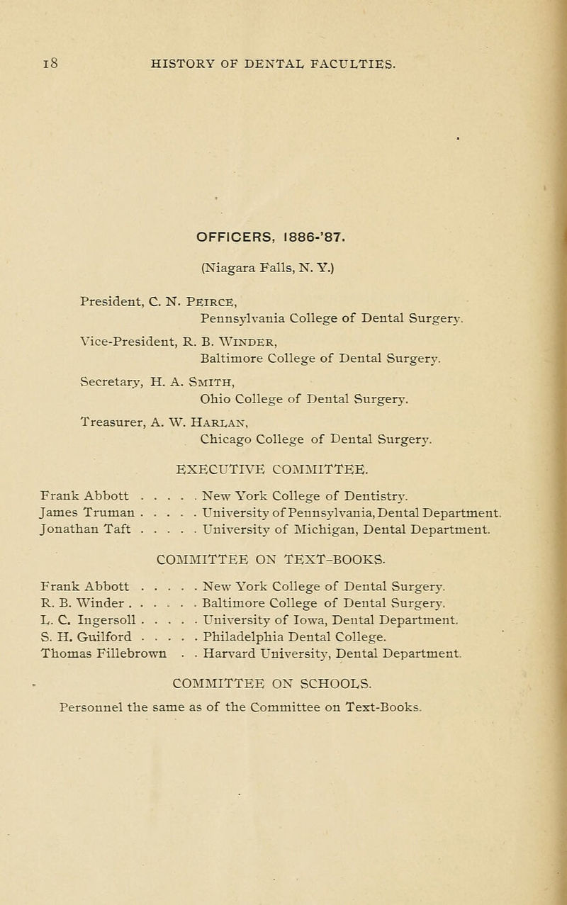 OFFICERS, l886-'87. (Niagara Falls, N. Y.) President, C. N. PEIRCE, Pennsylvania College of Dental Surgery. Vice-President, R. B. Winder, Baltimore College of Dental Surgery. Secretary, H. A. Smith, Ohio College of Dental Surgery. Treasurer, A. W. Harlan, Chicago College of Dental Surgery. EXECUTIVE COMMITTEE. Frank Abbott New York College of Dentistry. James Truman University of Pennsylvania, Dental Department. Jonathan Taft University of Michigan, Dental Department. COMMITTEE ON TEXT-BOOKS. Frank Abbott New York College of Dental Surgery. R. B. Winder ...... Baltimore College of Dental Surgery. L. C. Ingersoll University of Iowa, Dental Department. S. H. Guilford Philadelphia Dental College. Thomas Fillebrown . . Harvard University, Dental Department. COMMITTEE ON SCHOOLS. Personnel the same as of the Committee on Text-Books.