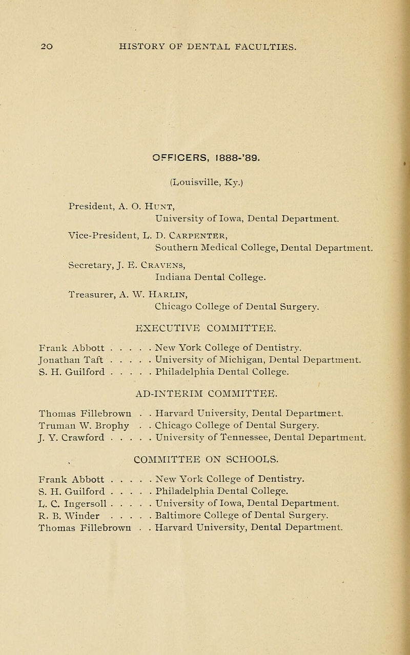 OFFICERS, !888-'89. (Louisville, Ky.) President, A. O. Hunt, University of Iowa, Dental Department. Vice-President, L. D. Carpenter, Southern Medical College, Dental Department. Secretary, J. E. Cravens, Indiana Dental College. Treasurer, A. W. Harbin, Chicago College of Dental Surgery. EXECUTIVE COMMITTEE. Frank Abbott New York College of Dentistry. Jonathan Taft University of Michigan, Dental Department. S. H. Guilford Philadelphia Dental College. AD-INTERIM COMMITTEE. Thomas Fillebrown . . Harvard University, Dental Department. Truman W. Brophy . . Chicago College of Dental Surgery. J. Y. Crawford University of Tennessee, Dental Department. COMMITTEE ON SCHOOLS. Frank Abbott New York College of Dentistry. S. H. Guilford ..... Philadelphia Dental College. L. C. Ingersoll ..... University of Iowa, Dental Department. R. B. Winder Baltimore College of Dental Surgery. Thomas Fillebrown . . Harvard University, Dental Department.