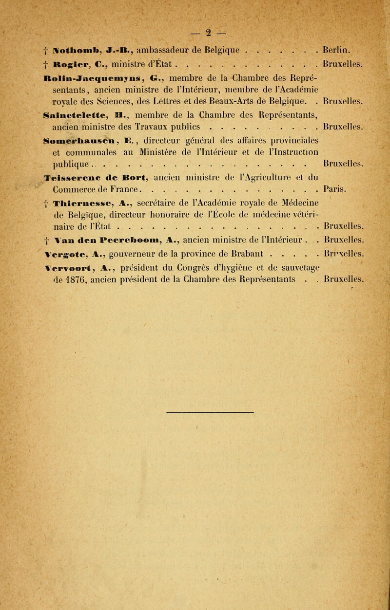 t Mothombj JF.-B., ambassadeur de Belgique Berlin. t Rog^ier, C, ministre d'État Bruxelles. Rolin-Jaeqneinyus, G., membre de la Chambre des Repré- sentants , ancien ministre de l'Intérieur, membre de l'Académie royale des Sciences, des Lettres et des Beaux-Arts de Belgique. . Bruxelles. ISainctelette, H., membre de la Chambre des Représentants, ancien ministre des Travaux publics Bruxelles. is^omerbausén, E., directeur général des affaires provinciales et communales au Ministère de l'Intérieur et de l'Instruction publique Bruxelles. Teîsserciic de Bort, ancien ministre de l'i^griculture et du Commerce de France Paris. t Tliîernesse, A., secrétaire de l'Académie royale de Médecine de Belgique, directeur honoraire de l'École de médecine vétéri- naire de l'État Bruxelles. t Tan den Peerebooni, A., ancien ministre de l'Intérieur . . Bruxelles. Vcrgote, A., gouverneur de la province de Brabant Brrxelles. Vervoort, A., président du Congrès d'hygiène et de sauvetage de 1876, ancien président de la Chambre des Représentants . . Bruxelles.