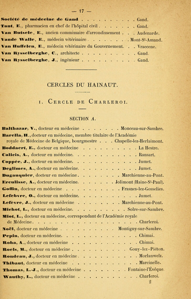 Société de niédeciuc de Gaud Gand. Tant, E., pharmacien en chef de l'hôpital civil Gand. \^au Biitsele, E., ancien commissaire d'arrondissement . . . Audenarde. I^aude l»%'aHe, E., médecin vétérinaire Mont-S*-Amand. \^au HiifTeleu, E., médecin vétérinaire du Gouvernement. . . Vraecene. ^au Rysselberg;lie, C, architecte Gand. Van Rysselberg;lie, J., ingénieur Gand. CERCLES DU HAINAUT. I. Cercle de Charleroi. SECTION A. Balthazar, V., docteur en médecine Monceau-sur-Sambre. Barella, H., docteur en médecine, membre titulaire de l'Académie royale de Médecine de Belgique, bourgmestre . . . Chapelle-lez-Herlaimont. Boddaert, E., docteur en médecine La Hestre. Calicis, A., docteur en médecine Ransart. Coppée, J., docteur en médecine Jumet. Beglimes, A., docteur en médecine Jumet. Dngaufiuier, docteur en médecine Marchienne-au-Pont. Ercwllsse, A., docteur en médecine Jolimont (Haine-S*-Paul). GofflBn, docteur en médecine Frasnes-lez-Gosselies. liefebvre, O., docteur en médecine Jumet. liefèvre, Jf., docteur en médecine Marchienne-au-Pont. Micliot, li., docteur en médecine Solre-sur-Sambre. Miot, K.., docteur en médecine, correspondant de l'Académie royale de Médecine Charleroi. Moël, docteur en médecine Montigny-sur-Sambre. Pepiu, docteur en médecine Chimai. Roha, A., docteur en médecine Chimai. Rocis, II., docteur en médecine Gouy-lez-Piéton. Rondeau, J., docteur en médecine Morlanwelz. Thibaut, docteur en médecine Marcinelle. Tlionias, li.-J., docteur en médecine Fontaine-l'Évêque. Tl'autliy, li., docteur en médecine Charleroi. 2