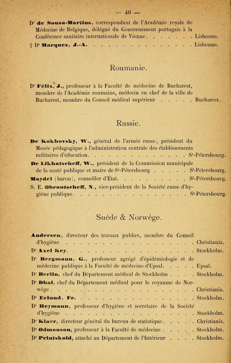 D de Sousa-Martins, correspondant de l'Académie royale de Médecine de Belgique, délégué du Gouvernement portugais à la Conférence sanitaire internationale de Vienne Lisbonne. f D Marques, J.-A. . Lisbonne. Roumanie. D' Félix, J., professeur à la Faculté de médecine de Bucharest, membre de l'Académie roumaine, médecin en chef de la ville de Bucharest, membre du Conseil médical supérieur Bucharest. Russie. De Kokbovsky, 1^'., général de l'armée russe, président du Musée pédagogique à l'administration centrale des établissements militaires d'éducation S'-Pétersbourg. De LiklAatsclieff, ISV., président de la Commission municipale de la santé publique et maire de S*-Pétersbourg S'-Pétersbourg. llaydet (baron), conseiller d'État S*-Pétersbourg. S. E. ®bro«tsclieff, M., vice-président de la Société russe d'hy- giène publique S*-Pétersbourg. Suède & Norwège. Anderseu, directeur des travaux publics, membre du Conseil d'hygiène Christiania. D Axel Key Stockholm. D BergBBianu, G., professeur agrégé d'épidémiologie et de médecine publique à la Faculté de médecine d'Upsal Upsal. D Berlin, chef du Département médical de Stockholm .... Stockholm. D Dhal, chef du Département médical pour le royaume de Nor- wège Christiania. D^ Eclund, Fr Stockholm. D Heyiiianu, professeur d'hygiène et secrétaire de la Société d'hygiène Stockholm. D Miacr, directeur général du bureau de statistique Christiania. D Odinauson, professeur à la Faculté de médecine Stockholm. D'' Prlntskold, attaché au Département de l'Intérieur .... Stockholm.