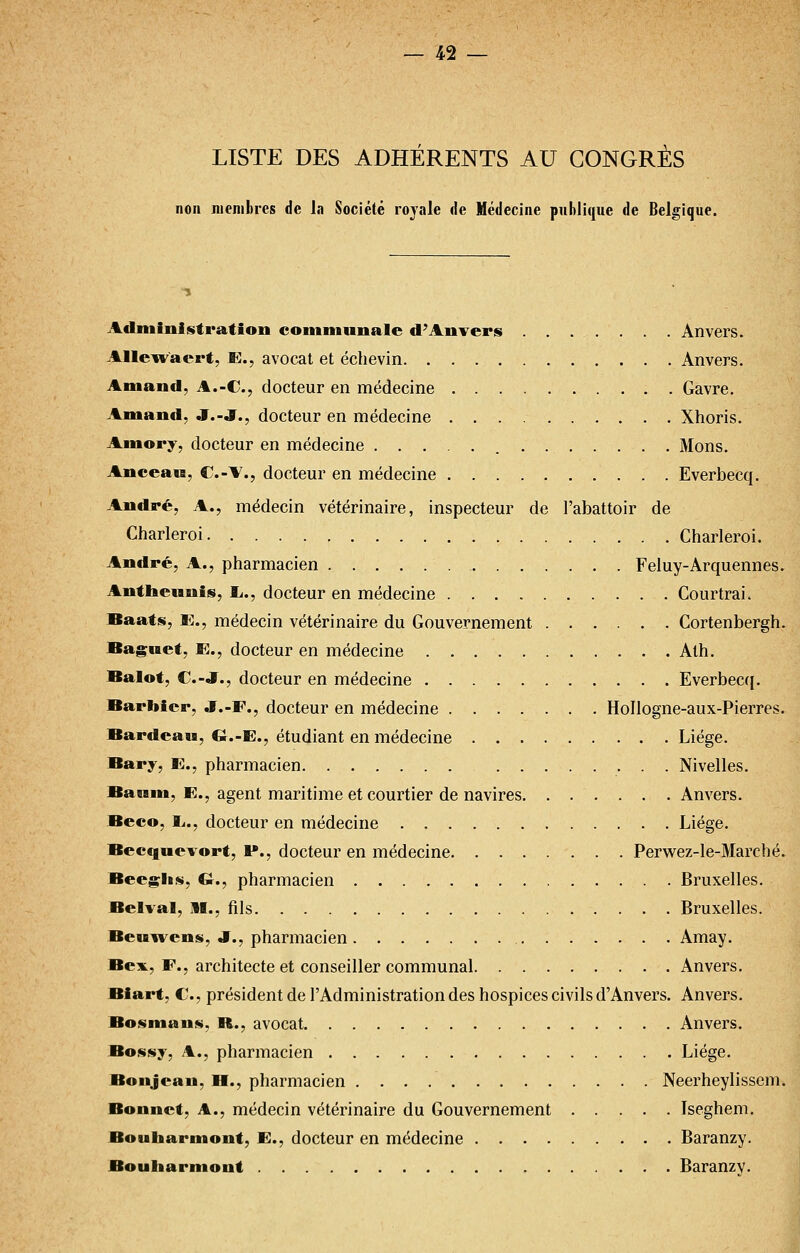 LISTE DES ADHÉRENTS AU CONGRÈS non membres de la Société rojale de Médecine publique de Belgique. ■j Administration communale d'Anvers Anvers. Alle^i^'acrt, E., avocat et échevin Anvers. Amand, A.-C, docteur en médecine Gavre. Amand, J.-J., docteur en médecine Xhoris. Amory, docteur en médecine Mons. Anceata, C-V., docteur en médecine Everbecq. André, A., médecin vétérinaire, inspecteur de l'abattoir de Charleroi Charleroi. André, A., pharmacien Feluy-Arquennes. Antlieuuis, JL., docteur en médecine Courtrai. Baats, E., médecin vétérinaire du Gouvernement Cortenbergh. Bagnet, E., docteur en médecine Ath. Balot, €.-jr., docteur en médecine Everbecq. Barbier, J.-F., docteur en médecine HoIlogne-aux-Pierres. Bardeau, G.-E., étudiant en médecine Liège. Bary, E., pharmacien Nivelles. Baum, E., agent maritime et courtier de navires Anvers. Beco, li., docteur en médecine Liège. Becquevort, P., docteur en médecine Perv^^ez-Ie-Marché. Beegiis, Gr., pharmacien Bruxelles. Belval, II., fils Bruxelles. Beu^vens, J., pharmacien Amay. Bex, F., architecte et conseiller communal Anvers. Biart, €., président de l'Administration des hospices civils d'Anvers. Anvers. Bosmans, R., avocat Anvers. Bossy, A., pharmacien Liège. Bonjeau, H., pharmacien Neerheylissem. Bonnet, A., médecin vétérinaire du Gouvernement Iseghem. Bouliarmont, E., docteur en médecine Baranzy. Bouliarmont Baranzv.