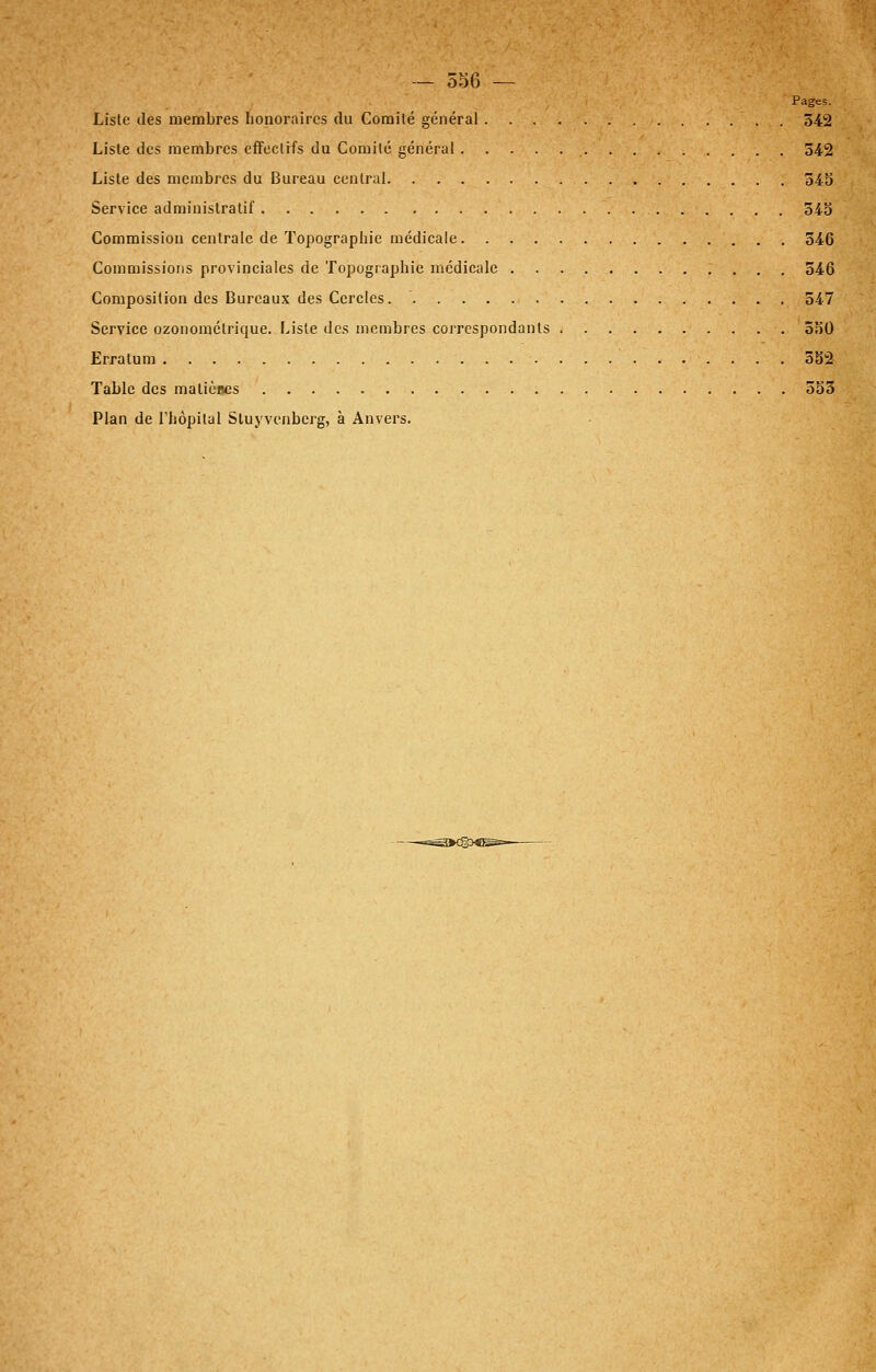 — 556 — Pages. Liste des membres honoraires du Comité général . 542 Liste des membres effectifs du Comité général 342 Liste des membres du Bureau central 345 Service administratif 345 Commission centrale de Topographie médicale 346 Commissions provinciales de Topographie médicale 546 Composition des Bureaux des Cercles 347 Service ozonoraélrique. Liste des membres correspondants 550 Erratum 552 Table des matièaes 553 Plan de l'hôpital Stuyvenberg, à Anvers.