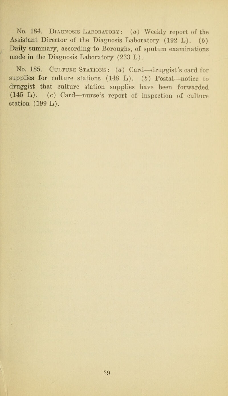 No. 184. Diagnosis Laboratory : (a) Weekly report of the Assistant Director of the Diagnosis Laboratory (192 L). (&) Daily summary, according to Boroughs, of sputum examinations made in the Diagnosis Laboratory (233 L). No. 185. Culture Stations : (a) Card—druggist's card for supplies for culture stations (148 L). (6) Postal—notice to druggist that culture station supplies have been forwarded (145 L). (c) Card—nurse's report of inspection of culture station (199 L).