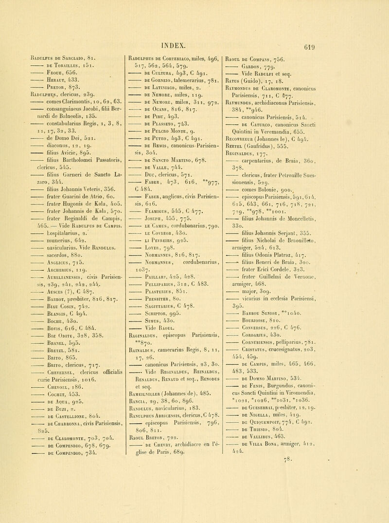 Raddlïds se Sabcuio , 81. DE TORAILLES, l5l. Feoce, 656. HERâuT, 433. Pretor, 873. Radulphds, clericus, aSg. comesClarimoDtis, 10, 6a, 63. consanguiueus Jacobi, Qlii Ber- nard! de Baineolis, i35. constabularius Régis, 1, 3, 8, 11, 17, Sa, 33. de Domo Dei, 5a 1. diaconus, 12, 19. filius Avicie, 895. fîiius Barlhoiomei Passatoris, clericus, 545. Ëiius Garneri de Sancto La- zare, 344. fiiius JohanDis Veleris, 356. frater Guarini de Atrio, 60. — ■ frater Hugonis de Kala, 4o5. frater Johannis de Kala, 670. frater Reginaldi de Campis, 465..— Vide Raddlfds de Campis. l.ospitalarius, a. inunerius, 64a. ■——- navicularius. Vide Rasdulus. sacerdos, 880. • A^GLicns, 715. Archerics, 119. ■ Acreliasessis, civis Parisien- sis, 289, 24i, aàa, 344. Absces (?), G 487. Barbot, presbiler, 816, 817. BiAC CosiN, 742. Blasgis, g 494. Boche, 43o. Bovis, 616, G 484. Boz Odite, 338, 358. Braïel, 5g5. Bretel, 58i. Briio, 865. Brito, clericus, 717. Ghevekkel, clericus officialis curie Parisiensis, 1016. Ghevoel, 186. Cochet, 453. —— DE AqCA, 925. . DE BcZI, 9. DE Castellione, 8o4. de Gbabeonka, civis Parisiensis, 825. de Claromonte, 708, 704. DE CoMPEiNDIO, 678, 679. • DE GOMPESDIO, 734. INDEX. Radblphds DE CoRTERiAco, miles, 496, 517, 562, 564, 579. DE CuLTORA, 493, G 4g 1. DE GoRSEio, lalemerarius, 781. DE Latiniaco, miles, 2. DE Nemoee, miles, 119. DE Neîiore, miles, 3ii, 973. ■ DE OcANS, 816, 817. DE Pisn, 4g3. DE PlASSEYO, 743. DE Pbecro Monte, 9. DE Pdteo, 4g3, C 4gi. DE Remis, canonicusParisien- sis, 3o4. ■ de Sakcto Mabiino, 678. DE VaLLE, 744. Dec, clericus, 571. •—— Faber, 473, 616, **977, C484. Faber , anglicus, civis Parisien- sis, 616. Flamiges, 545, C 477. Joseph, 455, 775. LE Camus, cordubanarius,7go. LE COTREOR, 43o. Li Pevreirs, gaS. ■ Loyer, 7g8. ^'oRMA^iNcs, 816, 817. NoRMASSBS, cordubenarius, 1087. Paillart, 425, 428. Pelliparius, 312, g 483. PtASTERirs, 851. Presbiter, 80. Sagittarics, g 478. ScRiPTOR, gg5. Sisius, 43o. Vide Raodl. Ragisaldïs, episcopus Parisiensis, **87o. Raisaldis, canierarius Régis, 8,11, 17, 26. canonicus Parisiensis, 28, 3o. Vide Reginaldds, Reisaldus, Renaldds, Renaud et seq., Rehodcs et seq. Rameilmller (Johannes de), 485. Rascia, 2g, 38, 60, 8g6. Rasdclus, nancularius, j83. Raxulphcs Abbicbnsis, clericus, c 478. episcopus Parisiensis, 796, 806, 811. Raocl Breton, 722. DE Chevrï, archidiacre en l'é- glise de Paris, 689. 619 Raodl de Compans, 756. Gaedox, 77g. Vide Raddlfi et seq. Ratcs (Guido), 17, 18. Raymont)ds de Clarohontk, canonicus Parisiensis, 711, G 477. Ratmdndds, archidiaconus Parisiensis, 884, **g46. canonicus Parisiensis, 514. de Gatdrco, canonicus Saiicti Quintini in Veremandia, 655. Recotreedr (Johannes le), G 494. Reetel (Gaufridus), 555. Reginaldbs, 177. carpentarius, de Braia, 36o, 878. clericus, frater Petronille Sues- sionensis, 629. cornes Bolonie, 900., . ■ episcopusParisiensis, 591,614, 6i5, 648, 661, 716, 718, 721, 7'^9' **978' **iooi. filius Johannis de Moncelletis, 33o. filius Johannis Serjant, 355. filius Nicholai de Braonilleto, armiger, 33 4 , 613. • filius Odonis Platraz, 417. . filius Reneri de Braia, 3oo. frater Eiici Gordeie, 838. ■ frater Guillelmi de Vernone, armiger, 468. major, 3og. vicarius in ecclesia Parisiensi, 895. Barbod Senior, **io4o. bodbioise, 810. GoNVEESDS, 226, G 476. CORDABIDS, 48o. GoRSDBiENSis, pelliparius, 781. ■ Gristatus, crucesigiiatus, 2o3, 454, 459. DE Casipis, miles, 465, 466, 483, 533. ■ DE DoMNO Martino, 534. DE Fenis, Burgundus, canoni- cus Sancti Quintini in Viromendia, *io2i, *ioa6, **io3i, *io36. DE GoESERRAi,piesbiter, 12,19. DE Nigella, miles, 419. DE Qdiqoesipoit, 774, C493. DE Thiesio, 8o4. DE Vallibus, 463. DE Villa Bona, armiger, 4i2, 434.