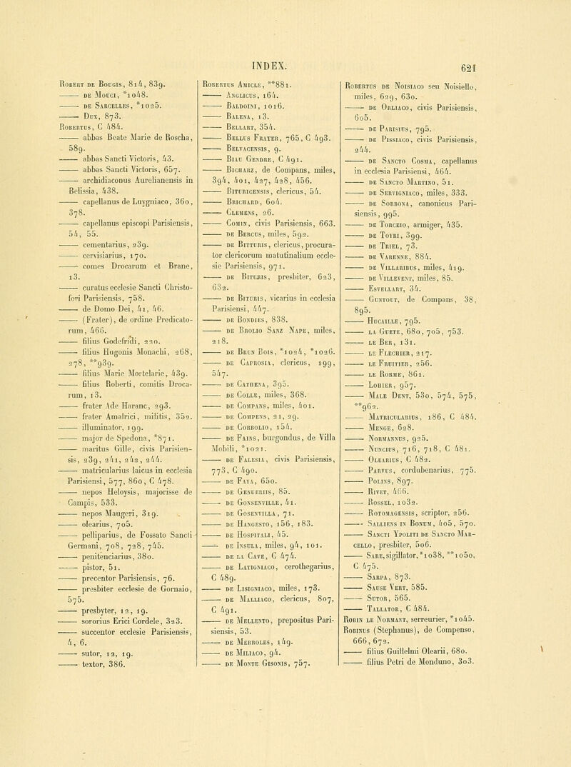 Robert de Bodgis, 8i4, 889. DE Mouci, *io'i8. • DE Sarcelles, *i0 2 5. Dm, 873. RoBERTns, C /t84. abbas Béate Marie de Roscba, 589. abbas Sancti Vidons, 63. ■ abbas Sancti Vicions, ôSy. archidiaconus Aurelianensis in Beiissia, 438. capellanusde Luygniaco, 860, 378. ■ ■ capellanus episcopi Parisiensis, 5II, 55. cementarius, 289. cervisiarius, 170. cornes Drocarum et Brane, i3. curatus ecclesie Sancti Ghristo- fori Parisiensis, 768. de Domo Dei, 4i, A6. (Frater), de ordine Predicato- rum, 468. filius Godefridi, 330. filius Hugonis Monacbi, 268, 278, **939. _ filius Marie Mortelarie, 489. fiiius Roberti, comitis Droca- rum, 1 3. frater A de Haranc, 298. frater Amalrici, miiitis, 352. iiluminator, 1 99. major de Spedona, *87i. maritus Gille, civis Parisien- sis, 289, 94l, 243, 344. matricularius iaicua in ecclesia Parisiensi, 677, 860, C 478. nepos Heloysis, majorisse de Gampis, 533. nepos Maugeri, 3ig. olearius, 706. pelliparius, de Fossato Sancii Germani, 708, 738, 745. penitenciarius, 38o. pistor, 5i. precentor Parisiensis, 76. presbiter ecclesie de Gornaio, 575. presbyter, 12, 19. sororius EriciCordele, 838. succentor ecclesie Parisiensis, 4, 6. sutor, la, 19. •—— textor, 386. INDEX. ROBERTDS AulCLE, **88l. Anglicds, i64. Baldoiki, 1016. Balena, i3. Bellart, 354. Belles Frater, 766,0 498. ■ Belvacensis, 9. Biad Gesdre, c 491. BicHARZ, de Compans, miles, 894, 4oi, 437, 438, 456. BiTumcEKsis, clericus, 54. Bru'.dard, 604. Clehens, 26. Coum, civis Parisiensis, 668. de Bercds, miles, Sga. DE BiTTDRis, clericus, procura- tor clericorum matutinalium eccle- sie Parisiensis, 971. DE BiTCjiis, presbiter, 628, 603. DE BiTDRis, vicarius in ecclesia Parisiensi, 447. DE BOKDIES, 888. DE Brolio Sahz Nape, miles, 318. DE Brcn Bois, *io24, *1026. DE Caprosia, clericus, 199, 547. DE Caidena, 895. DE Colle, miles, 368. DE Compans, miles, 4oi. ■ DE CoJiPEKS, 21, 29. DE Cohbolio, i54. DE Faiiss, burgondus, de Villa MobiU, *i02i. DE Falesia, civis Parisiensis, 778, C 490. de Faya, 65o. • ■ de Genueeiis, 85. DE Gonsenville, 4i. DE GoSENVILLA, 71. ■ DE Hangesto, i56, 188. DE HoSPITAU, 45. ^ DE IssDLA, miles, 96, 101. DELA Cave, C 474. DE Laugbiaco, cerothegarius, C 489. DE LisiGNiAco, miles, 178. DE Malliaco, clericus, 807, C 491. DE Mellento, prepositus Pari- siensis, 53. DE Merroles, 1,49. DE Miliaoo, 94. ■ DE Monte Gisonis, 757. 621 Robertus de Noisiaco seu Noisiello, miles, 639, 63o. DE Orliaco, civis Parisiensis, 6o5. DE PaRISIUS, 795. DE PissLAco, civis Parisieusis, 344. DE Sakcto Cosma, capellanus in ecclesia Parisiensi, 464. ■ DE Sancto Martino, 5i. DE Seryigniaco, miles, 333. • ■ DE SoRBOsA, canonicus Pari- siensis, 996. DE ToRCEio, armiger, 435. DE ToYRi, 899. DE TrIEL, 78. DE Varenne, 884. de Villarihcs, miles, 4ig. ■ DE Villeyem', miles, 85. Esvellart, 34. GnsToni, de Compans, 38, 895. Hucaille, 795. LA GdETE, 680, 705, 753. LE BeR, 181. LE FlECHIER, 917. LE Fruitier, 256. LE Rorme, 861. LoniER, 957. —— Mâle Dent, 53o, 074, 675, «962. Matricularius, 186, C 484. Menge, 628. NoRMANNUs, 920. NuNcius, 716, 718, C 48i. • Olearius, C 483. Pabvus, cordubenarius, 776. PoLiKS, 897. Rivet, 466. Rossel, 1083. RoTOMAGEKsis, scriptor, 2 56. Salliens in Bonum, 4o5, 570. Sancti Ypoliti de Sascto Mar- cello, presbiter, 506. SARE,sigillator,*io38, **io5o, C 475. Sarpa, 878. Sause Vert, 585. Sutor, 565. Tallator, c 484. Robin le Normant, serreurier, *io45. RoBiNL's (Steplianus), de Compense, 666,672. filius Guillelmi Olearii, 680. (ilius Pétri de Mondimo, 3o3.