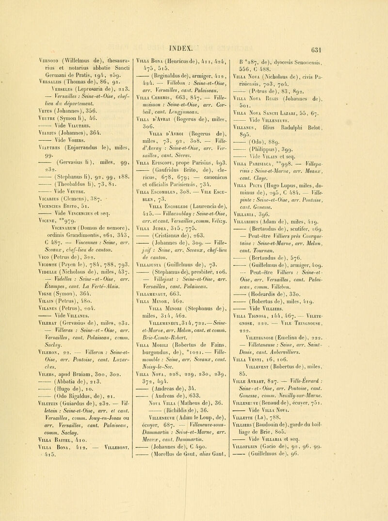 Verkoto (Willelmus de), thesaura- rius et notarius abbalie Sancii Germani de Pratis, igi, aSg. Versaliis (Thomas de), 86, gi. Versei.es (Leprosaria de), 2i3. —• Versailles : Seine-et-Oise, chef- lieu du déparlement. Vetos ( Johannes), 356. Veutre (Symon li), i6. • Vide ViAUTRES. VuRics (Johannes), 364. Vide VoiERS. ViAPTREs (Enjorrandus le), miles, 99- (Gervasius li), miles, gg, 232. • (Stephanus li), ga, gg, )88. (Theobaldus h), 78,81. • Vide Vectre. VicARiDs (Ciemens), .S87. ■ VicENCiDS Brito, 5i. Vide ViMCENcii's et seq. VicEs-E, **g7g. Vicesaroh (Domiis de nemore), ordinis Grandimonlis, 261, 343, G 487. — Vincennes : Seine, air. Sceaux, chef-lieu de canton. Vico (Petrus de), 822. Vicomte (Payen le), 784, 788, 7g3. Videlle (Nicholaiis de), miles, 487. — VideUes : Seine-et-Oise, arr. Etampes, cant. La Ferté-.Alais. Vigne (Symon), 364. Vilain (Petrus), 48o. ViLAKDs (Petrns), so4. Vide ViLiANus. ViLBBAT (Gervasius de), miles, 282. — Villeras : Seine-et-Oise, arr. Versailles, cant. Palaisean, comm. Saclay. V1LER0N, 22. — Villeron : Seine-et- Oise, arr. Pantoise, cant. Luzar- clies. ViLEBS, apnd Braiam, 3oo, 802. (Abbatia de), 218. (Hugo de), 10. (Odo Rigaldus, de), 21. ViLETEiN (Guiai'dus de), 282. — Vil- letain : Seine-et-Oise, arr. et cant. Versailles, comm. Jouy-en-Josas ou arr. Versailles, cant. Palaisean, comm. Saclay. Villa Baitel, 4io. Villa Bosa, 412. — Villebont, •■ 4i5. INDEX. Villa Boxa (Henricusde), 41 1, 424, 475, 5i5. (Reginaldus de), armiger, 41 a , 42 4. — Villebon : Seine-et-Oise, arr. Versailles, cant. Palaisean. Villa Cereris, 663, 847. — Ville- moisson : Seine-et-Oise, arr. Cor- beil, cant, Longjumeau. Villa b'Avrai (Rogerus de), miles, 3o6. Villa d'Atroi (Rogerus de), miles, 78, ga, 808. — ViHe- d'Avray : Seine-et-Oise, arr. Ver- sailles, cant. Sèvres. Villa Enscopi, prope Parisius, 4g3. (Gaufridus Brilo, de), cle- ricus, 678, 67g; — canonicus et officialis Parisiensis, 784. Villa Escomblen, 3o8. — Vile Esco- BLEN, 78. Villa Escobledi (Laurencia de), 4i5.— Villaconblay ; Seine-et-Oise, arr. et cant. Versailles, comm. Vélizy. Villa Judea, 3i5 , 770. (Cristianus de), 368. (Johannes de), 809.— Ville- juif : Seine, arr. Sceaux, chef-lieu de canton. ViLLAJDSiA (Guilielraus de), 78. ( Stephanus de), presbiter, 106. — Villejust : Seine-et-Oise, arr. Versailles, cant. Palaisean. ViLLAMEXAUT, 668. Villa Misor, 462. Villa Minori (Stephanus de), miles, 3i4, 462. ViLLEMENEnx,8i4, 722.— Seine- et-Marne, ttîT. Melun, cant, et comm. Brie- Comte-Robert. Villa Mobili (Rohertus de Fains, burgondus, de), *i03i.'— Ville- momble : Seine, an; Sceaux, cant, Noisy-le-Sec. Villa Nova, 228, a2g, 280, 289, 873, 4g4. (Andréas de), 34. . (Andréas de), 683. .\ovA Villa (Matheus de), 36. . (Richildisde), 36. ViLLENEDVE (Adam le Loup, de), éciiyer, 687. — Villeneuve-sous- Dammartin : Seine-et-Marne, atT. Meav.x, cant. Dammartin, (Johannes de), G 4go. (Morellus de Gant, alias Gant, 631 R *a87, de), dyocesis Senonensis. 556, G 488. Villa Nova (Nicholaus de), civis Pa- risiensis, 708, 704. (Potnis de), 83, 892. Villa Nova Régis (Johannes de), 5oi. Villa Nova Sancti Lazari, 55, 67. Vide Villeneuve. Villanls, filius Radulphi Belot, 895. ^ (Odo), 88g. ■ (Pliilippus), 39g. Vide Vilain et seq. Villa Parisiaca, **gg8. — Villepa- risis ; Seine-et-Marne, arr. Meaiix, cant. Claye. Villa Picta (Hugo Lupus, miles, do- mlnus de), 296, C 484. — Ville- pinte : Seine-et-Oise, arr. Pantoise, cant, Gonesse. ViLLARIA, 3g6. ViLLABicus (Adam de), miles, 4ig. (Bertaiidus de), scutifer, 26g. — Peut-être Villiers près Caurque- taine : Seine-et-Marne, aiT. Melun, cant. Tournan. (Bertaudus de), 576. (Guillelmus de), armiger, 409. — Peut-être Villiers ; Seine-et- Oise, arr. Versailles, cant. Palai- sean, comm. Villebon. (Hodeardis de), 38o. (Robertus de), miles, 4ig. Vide Villiers. Villa Tigkosa, i44, 467. — Vilete- gnose, 222. — Vile Teikgnouse, 2aa. ViLETEGsosE (Emehna de), 222. — Villetaneuse : Seine, arr, Saint- Denis, cant, Aubervilliers. Villa Vesti, 16, 106. ViLLEVENT (Robertus de), miles, 85. Ville Avrabt, 827. — Ville-Evrard : Seine-et-Oise, arr. Pantoise, cant. Gonesse, comm. Neuilly-sur-Marne. Villene!ve(Renaud de), écuyer, 761. Vide Villa Nova. Villette (La), 788. Villiers (Baudouinde),garde du bail- liage de Brie, Son. Vide ViLLABiA et seq. ViLLOELEiN (Gacio de), ga, g6, 99. (Guillelmus de), 96.