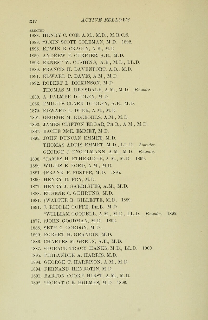ELECTED 1888. HENRY C. COE, A.M., M.D., M.E.C.S. 1888. *JOHN SCOTT COLEMAN, M.D. 1892. 1896. EDWIN B. CRAGIN, A.B., M.D. 1889. ANDREW F. CURRIER, A.B., M.D. 1893. ERNEST W. GUSHING, A.B., M.D., LL.D. 1889. FRANCIS H. DAVENPORT, A.B., M.D. 1891. EDWARD P. DAVIS, A.M., M.D. 1892. ROBERT L. DICKINSON, M.D. THOMAS M. DRYSDALE, A.M., M.D. Founder. 1889. A. PALMER DUDLEY, M.D. 1886. EMILIUS CLARK DUDLEY, A.B., M.D. 1879. EDWARD L. DUER, A.M., M.D. 1891. GEORGE M. EDEBOHLS, A.M., M.D. 1893. JAMES CLIFTON EDGAR, Ph.B., A.M., M.D. 1887. BACHE McE. EMMET, M.D. 1895. JOHN DUNCAN EMMET, M.D. THOMAS ADDIS EMMET, M.D., LL.D. Founder. GEORGE J. ENGELMANN, A.M., M.D. Founder. 1890. * J AMES H. ETHERIDGE, A.M., M.D. 1899. 1889. WILLIS E. FORD, A.M., M.D. 1881. fFRANK P. FOSTER, M.D. 1895. 1890. HENRY D. FRY, M.D. 1877. HENRY J. GARRIGUES, A.M., M.D. 1888. EUGENE C, GEHRUNG, M.D. 1881. | WALTER R. GILLETTE, M.D. 1889. 1891. J. RIDDLE GOFFE, Ph.B., M.D. * WILLI AM GOODELL, A.M., M.D., LL.D. Founder. 1895. 1877. fJOHN GOODMAN, M.D. 1892. 1888. SETH C. GORDON, M.D. 1890. EGBERT H. GRANDIN, M.D. 1886. CHARLES M. GREEN, A.B., M.D. 1887. *HORACE TRACY HANKS, M.D., LL.D. 1900. 1895. PHILANDER A. HARRIS, M.D. 1894. GEORGE T. HARRISON, A.M., M.D. 1894. FERN AND HENROTIN, M.D. 1891. BARTON COOKE HIRST, A.M., M.D. 1892. *HORATIO R. HOLMES, M.D. 1896.