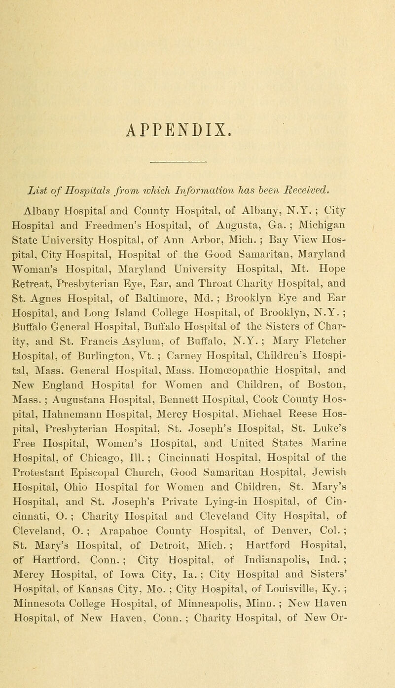 APPENDIX. List of Hospitals from which Information has been Received. Albany Hospital and County Hospital, of Albany, N.Y. ; City Hospital and Freedinen's Hospital, of Augusta, Ga. ; Michigan State University Hospital, of Ann Arbor, Mich. ; Bay View Hos- pital, City Hospital, Hospital of the Good Samaritan, Maryland Woman's Hospital, Maryland University Hospital, Mt. Hope Retreat, Presbyterian Eye, Ear, and Throat Charity Hospital, and St. Agnes Hospital, of Baltimore, Md. ; Brooklyn Eye and Ear Hospital, and Long Island College Hospital, of Brooklyn, N.Y. ; Buffalo General Hospital, Buffalo Hospital of the Sisters of Char- ity, and St. Francis Asylum, of Buffalo, N.Y. ; Mary Fletcher Hospital, of Burlington, Vt. ; Carney Hospital, Children's Hospi- tal, Mass. General Hospital, Mass. Homoeopathic Hospital, and New England Hospital for Women and Children, of Boston, Mass. ; Augustana Hospital, Bennett Hospital, Cook County Hos- pital, Hahnemann Hospital, Mercy Hospital, Michael Reese Hos- pital, Presbyterian Hospital, St. Joseph's Hospital, St. Luke's Free Hospital, Women's Hospital, and United States Marine Hospital, of Chicago, 111. ; Cincinnati Hospital, Hospital of the Protestant Episcopal Church, Good Samaritan Hospital, Jewish Hospital, Ohio Hospital for Women and Children, St. Mary's Hospital, and St. Joseph's Private Lying-in Hospital, of Cin- cinnati, O. ; Charity Hospital and Cleveland City Hospital, of Cleveland, O. ; Arapahoe County Hospital, of Denver, Col. ; St. Mary's Hospital, of Detroit, Mich. ; Hartford Hospital, of Hartford, Conn. ; City Hospital, of Indianapolis, Ind. ; Mercy Hospital, of Iowa City, la. ; City Hospital and Sisters' Hospital, of Kansas City, Mo. ; Chy Hospital, of Louisville, Ky. ; Minnesota College Hospital, of Minneapolis, Minn. ; New Haven Hospital, of New Haven, Conn. ; Charity Hospital, of New Or-