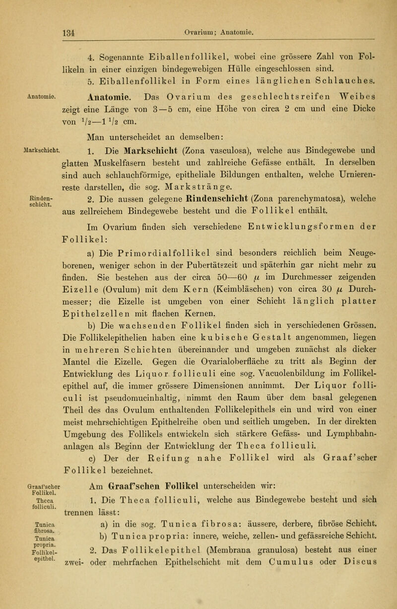 4. Sogenannte Eiballenfollikel, wobei eine grössere Zahl von Fol- likeln in einer einzigen bindegewebigen Hülle eingeschlossen sind. 5. Eiballenfollikel in Form eines länglichen Schlauches. ADatomie. Aiiatomie. Das Ovarium des geschlechtsreifen Weibes zeigt eine Länge von 3 — 5 cm, eine Höhe von circa 2 cm und eine Dicke von V2—1 V2 cm. Man unterscheidet an demselben: Markschicht. 1, Die Mtirkschiclit (Zona vasculosa), welche aus Bindegewebe und glatten Muskelfasern besteht und zahlreiche Gefässe enthält. In derselben sind auch schlauchförmige, epitheliale Bildungen enthalten, welche Urnieren- reste darstellen, die sog. Markstränge. Rinden- 2. Die ausscn gelegene Rindenscliiclit (Zona parenchymatosa), welche Schicht, ö o aus zellreichem Bindegewebe besteht und die Follikel enthält. Im Ovarium finden sich verschiedene Entwicklungsformen der Follikel: a) Die Primordialfollikel sind besonders reichlich beim Neuge- borenen, weniger schon in der Pubertätszeit und späterhin gar nicht mehr zu finden. Sie bestehen aus der circa 50—60 fi im Durchmesser zeigenden Eizelle (Ovulum) mit dem Kern (Keimbläschen) von circa 30 fi Durch- messer; die Eizelle ist umgeben von einer Schicht länglich platter Epithel Zellen mit flachen Kernen. b) Die wachsenden Follikel finden sich in verschiedenen Grössen. Die Follikelepithelien haben eine kubische Gestalt angenommen, liegen in mehreren Schichten übereinander und umgeben zunächst als dicker Mantel die Eizelle. Gegen die Ovarialoberfläche zu tritt als Beginn der Entwicklung des Liquor folliculi eine sog. Vacuolenbildung im Follikel- epithel auf, die immer grössere Dimensionen annimmt. Der Liquor folli- culi ist pseudomucinhaltig, nimmt den Raum über dem basal gelegenen Theil des das Ovulum enthaltenden Follikelepithels ein und wird von einer meist mehrschichtigen Epithelreihe oben und seitlich umgeben. In der direkten Umgebung des Follikels entwickeln sich stärkere Gefäss- und Lymphbahn- anlagen als Beginn der Entwicklung der Theca folliculi. c) Der der Reifung nahe Follikel wird als Graafscher Follikel bezeichnet. Graafscher Am Graaf'scheii Follikel unterscheiden wir: Follikel. Theca 1. Die Theca folliculi, welche aus Bindegewebe besteht und sich folliculi. trennen lässt: Tanica a) in die sog. Tunica fibrösa: äussere, derbere, fibröse Schicht. fibrosa. rpj,„jpä b) Tunica propria: innere, weiche, zellen-und gefässreiche Schicht. Follikel- 2. Das Follikelepithel (Membrana granulosa) besteht aus einer epithel. 2wei- oder mehrfachen Epithelschicht mit dem Cumulus oder Discus