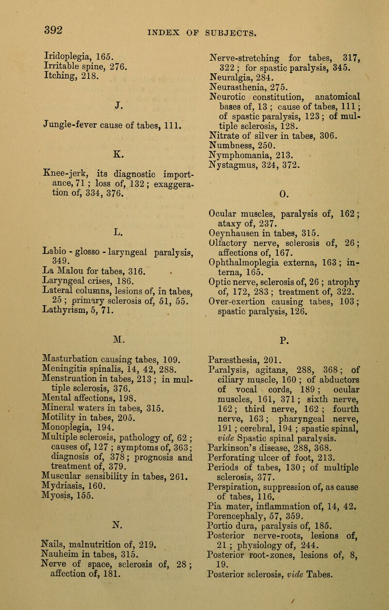 Iridoplegia, 165. Irritable spine, 276. Itching, 218. J. Jungle-fever cause of tabes, 111. K. Knee-jerk, its diagnostic import- ance, 71 ; loss of, 132; exaggera- tion of, 334, 376. L. Labio - glosso - laryngeal paralysis, 349. La Malou for tabes, 316. Laryngeal crises, 186. Lateral columns, lesions of, in tabes, 25 ; primary sclerosis of, 51, 55. Lathyrism, 5, 71. Nerve-stretcbing for tabes, 317, 322 ; for spastic paralysis, 345. Neuralgia, 284. Neurasthenia, 275. Neurotic constitution, anatomical bases of, 13 ; cause of tabes. 111; of spastic paralysis, 123; of mul- tiple sclerosis, 128. Nitrate of silver in tabes, 306. Numbness, 250. Nymphomania, 213. Nystagmus, 324, 372. 0. 162 Ocular muscles, paralysis of, ataxy of, 237. Oeynhausen in tabes, 315. Olfactory nerve, sclerosis of, 26; affections of, 167. Ophthalmoplegia externa, 163; in- terna, 165. Optic nerve, sclerosis of, 26 ; atrophy of, 172, 283; treatment of, 322. Over-exertion causing tabes, 103; spastic paralysis, 126. M. Masturbation causing tabes, 109, Meningitis spinalis, 14, 42, 288. Menstruation in tabes, 213 ; in mul- tiple sclerosis, 376. Mental affections, 198. Mineral waters in tabes, 315. Motility in tabes, 205. Monoplegia, 194. Multiple sclerosis, pathology of, 62 ; causes of, 127 ; symptoms of, 363; diagnosis of, 378; prognosis and treatment of, 379. Muscular sensibility in tabes, 261. Mydriasis, 160. Myosis, 155. N. Nails, malnutrition of, 219. Nauheim in tabes, 315. Nerve of space, sclerosis of, affection of, 181. 28 P. Paraesthesia, 201. Paralysis, agitans, 288, 368; of ciliary muscle, 160 ; of abductors of vocal cords, 189 ; ocular muscles, 161, 371; sixth nerve, 162; third nerve, 162 ; fourth nerve, 163; pharyngeal nerve, 191; cerebral, 194 ; spastic spinal, vide Spastic spinal paralysis. Parkinson's disease, 288, 368. Perforating ulcer of foot, 213. Periods of tabes, 130; of multiple sclerosis, 377. Perspiration, suppression of, as cause of tabes, 116. Pia mater, inflammation of, 14, 42. Porencephaly, 57, 359. Portio dura, paralysis of, 185. Posterior nerve-roots, lesions of, 21 ; physiology of, 244. Posterior root-zones, lesions of, 8, 19. Posterior sclerosis, vide Tabes.