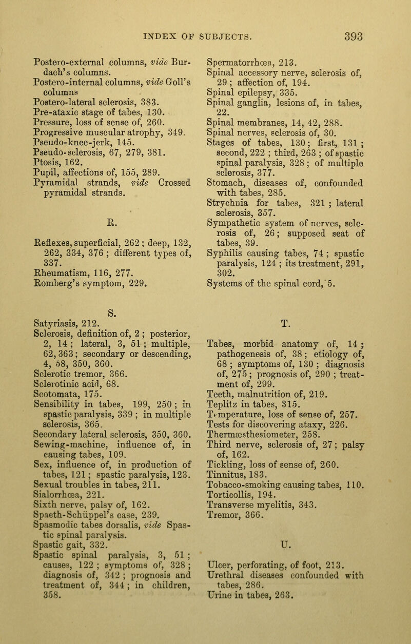 Postero-extemal columns, vide Bur- dach's columns. Postero-internal columns, vide Goll's columns Postero-lateral sclerosis, 383. Pre-ataxic stage of tabes, 130. Pressure, loss of sense of, 260. Progressive muscular atrophy, 349. Pseudo-knee-jerk, 145. Pseudo-sclerosis, 67, 279, 381. Ptosis, 162. Pupil, affections of, 155, 289. Pyramidal strands, vide Crossed pyramidal strands. R. Keflexes, superficial, 262; deep, 132, 262, 334, 376 ; different types of, 337. Rheumatism, 116, 277. Romberg's symptom, 229. Spermatorrhcea, 213. Spinal accessory nerve, sclerosis of, 29; affection of, 194. Spinal epilepsy, 335. Spinal ganglia, lesions of, in tabes, 22. Spinal membranes, 14, 42, 288. Spinal nerves, sclerosis of, 30. Stages of tabes, 130; first, 131; second, 222 ; third, 263 ; of spastic spinal paralysis, 328 ; of multiple sclerosis, 377. Stomach, diseases of, confounded ■with tabes, 285. Strychnia for tabes, 321 ; lateral sclerosis, 357. Sympathetic system of nerves, scle- rosis of, 26; supposed seat of tabes, 39. Syphilis causing tabes, 74 ; spastic paralysis, 124 ; its treatment, 291, 302. Systems of the spinal cord,'5. S. Satyriasis, 212. Sclerosis, definition of, 2 ; posterior, 2, 14 ; lateral, 3, 51 ; multiple, 62,363; secondary or descending, 4, 68, 350, 360. Sclerotic tremor, 366. Sclerotinic acid, 68. Scotomata, 175. Sensibility in tabes, 199, 250 ; in spastic paralysis, 339 ; in multiple sclerosis, 365. Secondary lateral sclerosis, 350, 360. Sewing-machine, influence of, in causing tabes, 109. Sex, influence of, in production of tabes, 121; spastic paralysis, 123. Sexual troubles in tabes, 211. Sialorrhcea, 221. Sixth nerve, palsy of, 162. Spaeth-Schiippel's case, 239. Spasmodic tabes dorsalis, vide Spas- tic spinal paralysis. Spastic gait, 332. Spastic spinal paralysis, 3, 51 ; causes, 122 ; symptoms of, 328 ; diagnosis of, 342 ; prognosis and treatment of, 344; in children, 358. T. Tabes, morbid anatomy of, 14; pathogenesis of, 38; etiology of, 68 ; symptoms of, 130 ; diagnosis of, 275 ; prognosis of, 290 ; treat- ment of, 299. Teeth, malnutrition of, 219. Teplitz in tabes, 315. Temperature, loss of sense of, 257. Tests for discovering ataxy, 226. Thermsesthesiometer, 258. Third nerve, sclerosis of, 27; palsy of, 162. Tickling, loss of sense of, 260. Tinnitus, 183. Tobacco-smoking causing tabes, 110. Torticollis, 194. Transverse myelitis, 343. Tremor, 366. U. Ulcer, perforating, of foot, 213. Urethral diseases confounded with tabes, 286. Urine in tabes, 263.