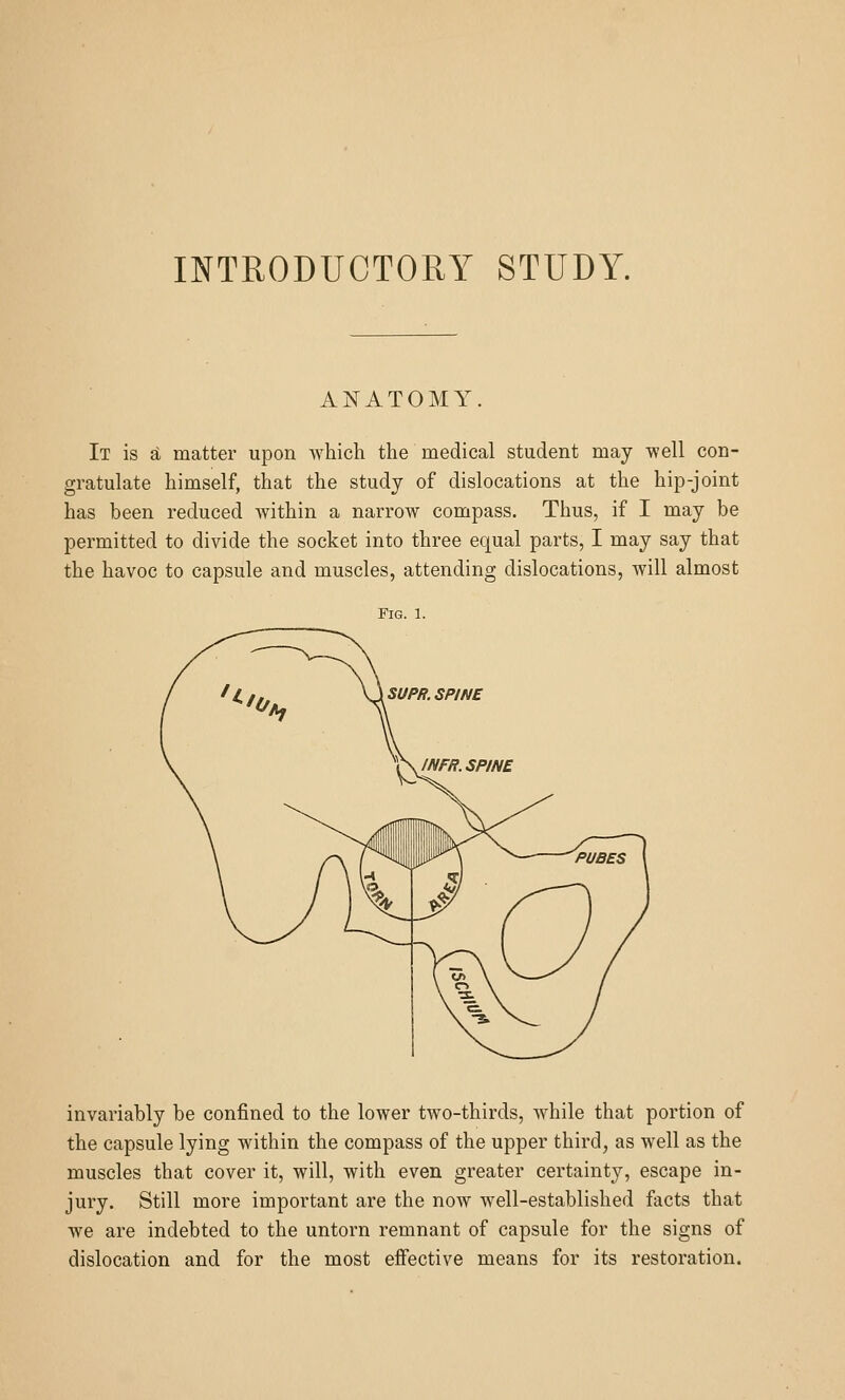 ANATOMY. It is £1 matter upon whicli the medical student may well con- gratulate himself, that the study of dislocations at the hip-joint has been reduced within a narrow compass. Thus, if I may be permitted to divide the socket into three equal parts, I may say that the havoc to capsule and muscles, attending dislocations, will almost Fig. 1. invariably be confined to the lower two-thirds, while that portion of the capsule lying within the compass of the upper third, as well as the muscles that cover it, will, with even greater certainty, escape in- jury. Still more important are the now well-established facts that we are indebted to the untorn remnant of capsule for the signs of dislocation and for the most effective means for its restoration.