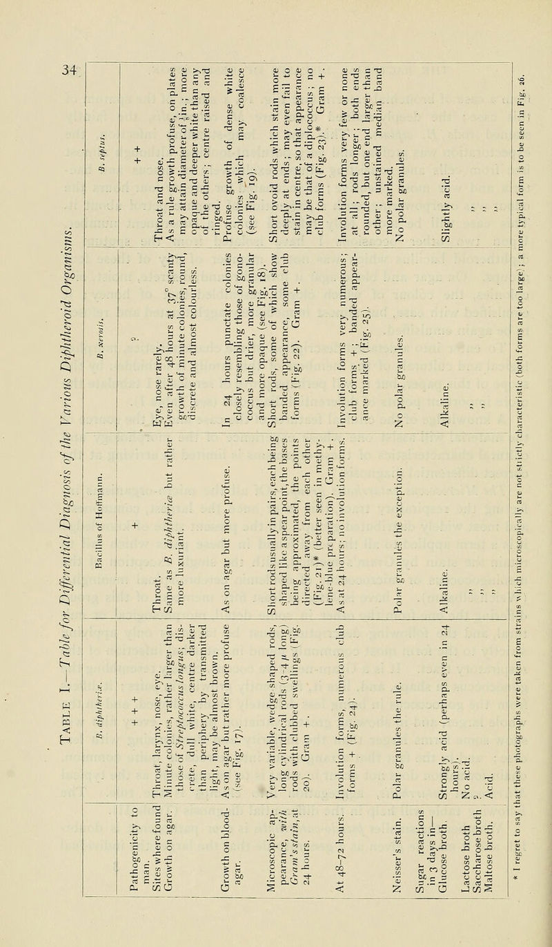 34 6 <: 5s ■ 1 05 + + Throat and nose. As a rule growth profuse, on plates may attain diameter of Jin.; more opaque and deeper white than any of the others ; centre raised and ringed. Profuse growth of dense white colonies which may coalesce (see Fig. 19). Short ovoid rods which stain more deeply at ends; may even fail to stain in centre, so that appearance may be that of a diplococcus ; no club forms (Fig. 23).* Gram +. Involution forms very few or none at all; rods longer; both ends ■ roimded, but one end larger than other; unstained median band more marked. No polar granules. '0 re _>% B. xerosis. o. Eye, nose rarely. Even after 48 hours at 37° scanty growth of minute colonies, round, discrete and almost colourless. In 24 hours punctate colonies closely resembling those of gono- coccus but drier, more granular and more opaque (see Fig. 18). Short rods, some of which show banded appearance, some club forms (Fig. 22). Gram +. Involution forms very numerous; club forms -1- ; banded appear- ance marked (Fig. 25). S re re o Cu 0 C re < c ■| X c re CC + Throat. Same as B. diphtheria but rather more luxuriant. As on agar but more profuse. Short rods usually in pairs, each being .shaped like aspear point,the bases being approximated, the points directed away from each other (Fig. 21)* (better seen in methy- lene-blue preparation). Gram -1-. As at 24 hours; no invohilion forms. .2 a. 0) 0 !«! OJ 1) _C - tn -Ji it u ■OD u. X 0 Cu 6 < -1- + -1- Throat, larynx, nose, eye. Minute colonies, rather larger than those of Streptococcus longus; dis- crete, dull white, centre darker than periphery by transmitted light, may be almost brown. As on agar but rather more profuse ■ (see Fig. 17). Very variable, wedge shaped rods, long cylindrical rods (3-4/1 long) rods with clubbed swellings (Fig. 20). Gram + . Involution forms, numerous club forms -1- (Fig. 24). aj 0) Ji re re CU C C CU aj- cu re j= u Oj Q- T3 '0 re 2 2 OQ .2 '0 re T3 0 D O >^ 'o 'c re man. Sites where found Growth on agar. Growth on blood- agar. Microscopic ap- pearance, with Gram's stain, lit 24 hours. At 48-72 hours. 're 'aj Sugar reactions in 3 days in— Glucose broth. Lactose broth Saccharose broth I Maltose broth.