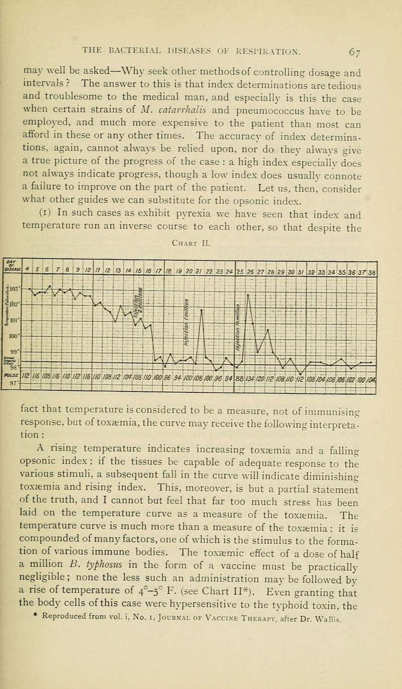 may well be asked—Why seek other methods of controllin,£^ dosage and intervals ? The answer to this is that index determinations are tedious and troublesome to the medical man, and especiallv is this the case when certain strains of M. catarrhalis and pneumococcus have to be employed, and much more expensive to the patient than most can afford in these or any other times. The accuracy of index determina- tions, again, cannot always be relied upon, nor do they always give a true picture of the progress of the case : a high index especiallv does not always indicate progress, though a low index does usuallv connote a failure to improve on the part of the patient. Let us, then, consider what other guides we can substitute for the opsonic index. (i) In such cases as exhibit pyrexia we have seen that index and temperature run an inverse course to each other, so that despite the Chart II. fact that temperature is considered to be a measure, not of immunising response, but of toxaemia, the curve may receive the following interpreta- tion : A rising temperature indicates increasing toxaemia and a faUing opsonic index ; if the tissues be capable of adequate response to the various stimuli, a subsequent fall in the curve will indicate diminishing toxcemia and rising index. This, moreover, is but a partial statement of the truth, and I cannot but feel that far too much stress has been laid on the temperature curve as a measure of the toxaemia. The temperature curve is much more than a measure of the toxsemia: it is compounded of many factors, one of which is the stimulus to the forma- tion of various immune bodies. The toxa;mic effect of a dose of half a million B. typhosus in the form of a vaccine must be practicallv negligible; none the less such an administration mav be followed bv a rise of temperature of 4,°-f F. (see Chart II-j. Even granting that the body cells of this case were hypersensitive to the typhoid toxin, the * Reproduced from vol. i, No. i, Journal of Vaccine Therapy, after Dr. Wallis.