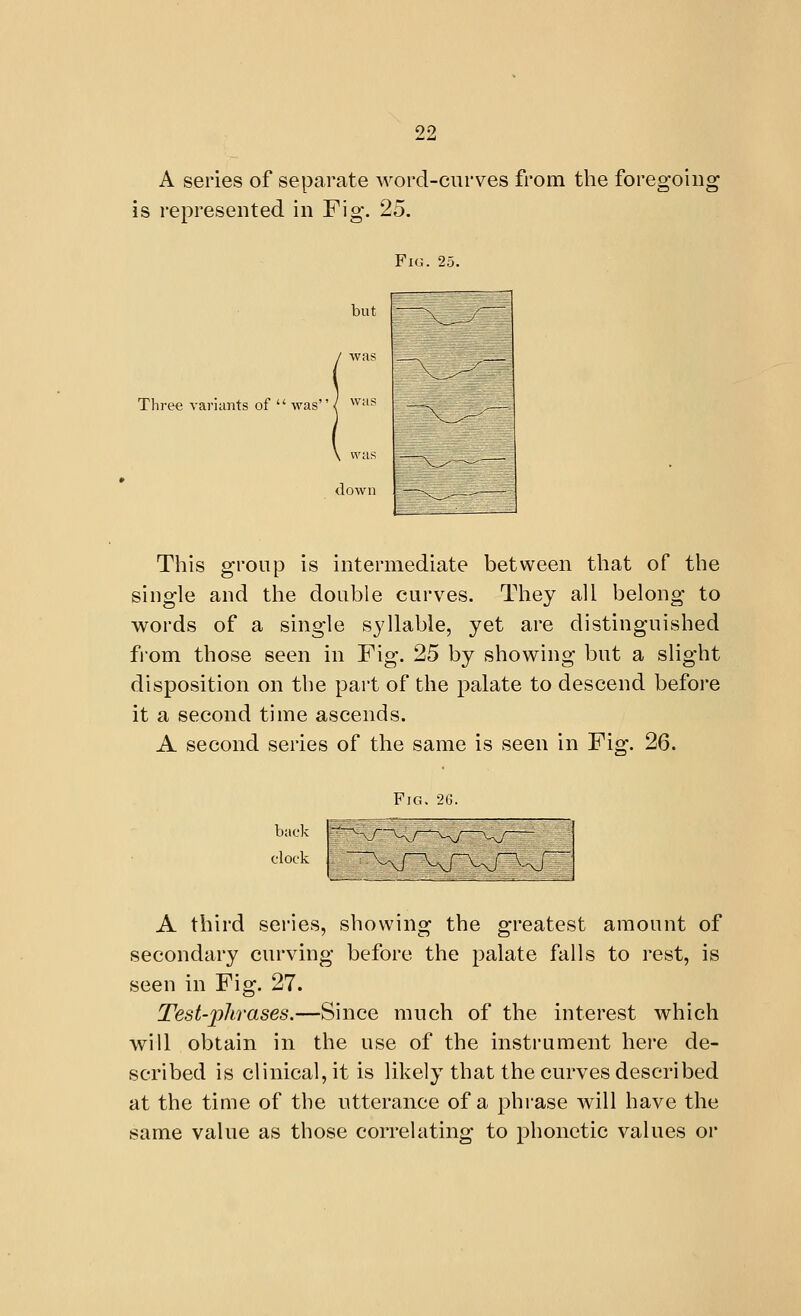 A series of separate word-curves from the foregoing is represented in Fig. 25. but Three variants of  Wcis { ^^''^ was down Fig. 25. This group is intermediate between tliat of the single and the doable curves. They all belong to words of a single syllable, yet are distinguished from those seen in Fig. 25 by showing but a slight disposition on the part of the palate to descend before it a second time ascends. A second series of the same is seen in Fig. 26. Fig. 2G. --^••-.^-^v.^-X-^-^'— m - ^^-vT^-vi^v-j^.. J. ^^=^-,-=v^..-_--=^=^^ _-^^^_-^^^.^^- -^- ^^^^ ..r=-=,^=-=.-^^.-.- .is™fj back clock A third series, showing the greatest amount of secondary curving before the palate falls to rest, is seen in Fig. 27. Test-phrases.—Since much of the interest which will obtain in the use of the instrument here de- scribed is clinical, it is likely that the curves described at the time of the utterance of a phrase will have the same value as those correlating to phonetic values or