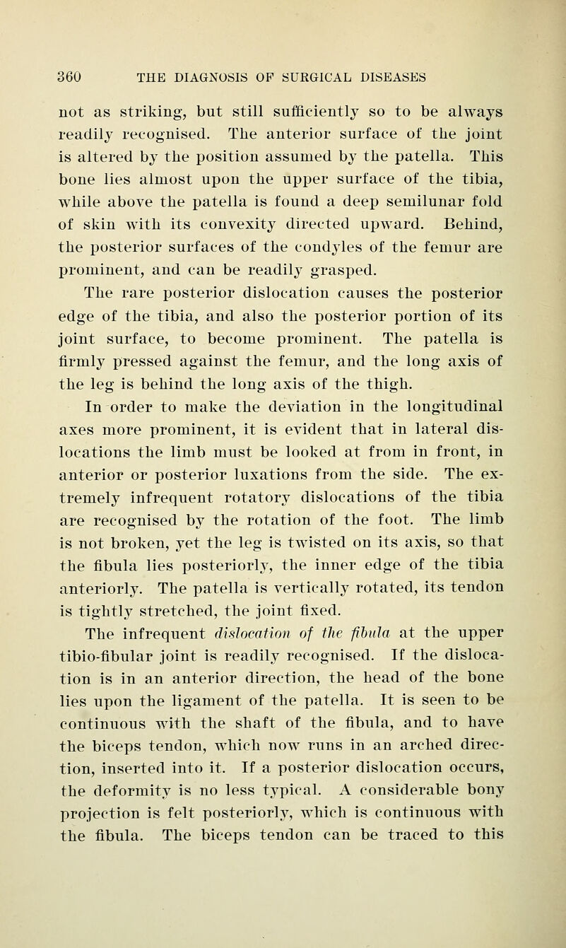 not as striking, but still sufficiently so to be always readily recognised. The anterior surface of the joint is altered by the position assumed by the patella. This bone lies almost upon the upper surface of the tibia, while above the patella is found a deep semilunar fold of skin with its convexity directed upward. Behind, the posterior surfaces of the condyles of the femur are prominent, and can be readily grasped. The rare posterior dislocation causes the posterior edge of the tibia, and also the posterior portion of its joint surface, to become prominent. The patella is firmly pressed against the femur, and the long axis of the leg is behind the long axis of the thigh. In order to make the deviation in the longitudinal axes more prominent, it is evident that in lateral dis- locations the limb must be looked at from in front, in anterior or posterior luxations from the side. The ex- tremely infrequent rotatory dislocations of the tibia are recognised by the rotation of the foot. The limb is not broken, yet the leg is twisted on its axis, so that the fibula lies posteriorly, the inner edge of the tibia anteriorly. The patella is vertically rotated, its tendon is tightly stretched, the joint fixed. The infrequent dislocation of the fibula at the upper tibio-fibular joint is readily recognised. If the disloca- tion is in an anterior direction, the head of the bone lies upon the ligament of the patella. It is seen to be continuous with the shaft of the fibula, and to have the biceps tendon, which now runs in an arched direc- tion, inserted into it. If a posterior dislocation occurs, the deformity is no less typical. A considerable bony projection is felt posteriorly, which is continuous with the fibula. The biceps tendon can be traced to this