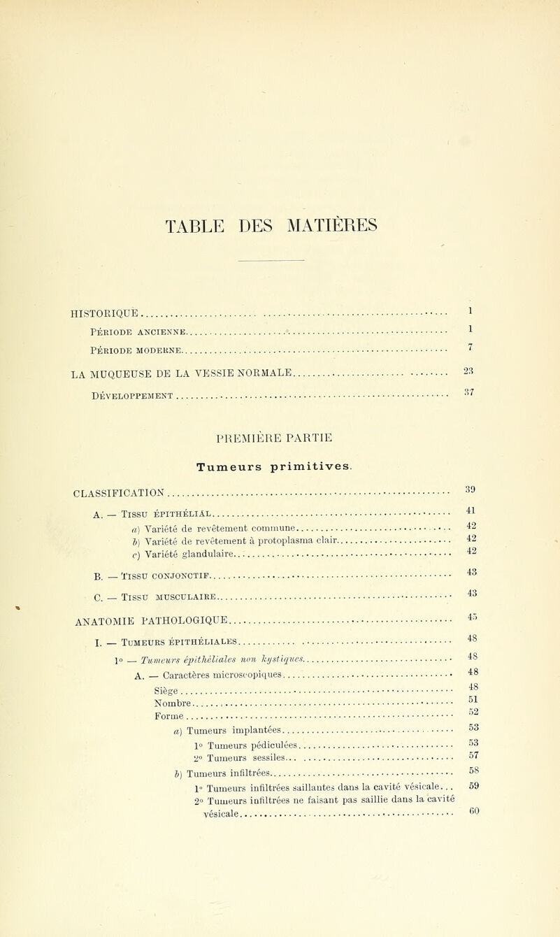 TABLE DES MATIÈRES HISTOKIQUE 1 PÉRIODE ANCIENNE 1 PÉKIODE MODEKNE '^ LA MUQUEUSE DE LA VESSIE NORMALE 2S DÉVELOPPEMENT . 87 PREMIERE PARTIE Tumeurs primitives. CLASSIFICATION 39 A. — Tissu épithélial 41 a) Variété de revêtemeat commune 42 b) Variété de revêtement à protoplasma clair 42 c) Variété glandulaire 42 B. — Tissu conjonctip 43 C. — Tissu musculaike 43 ANATOiMIE PATHOLOGIQUE 45 I. — Tumeurs épithéliales 48 10 — Tumeurs éxiithélialas mm li.i/stiijnes 48 A. — Caractères microscopiques 48 Siège *8 Nombre ^^ Forme ' a) Tumeurs implantées 53 1 Tumeurs pédiculées S^ 'A Tumeurs sessiles 57 b) Tumeurs infiltrées 58 1° Tumeurs infiltrées saillantes dans la cavité vésicale... 59 2° Tumeurs infiltrées ne faisant pas saillie dans la cavité vésicale *'*'