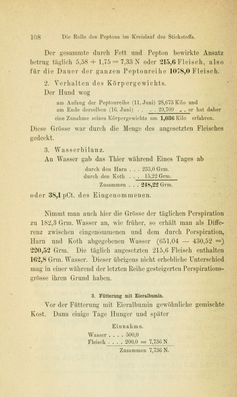 Der gesamnite durch Fett und Popton bewirkte Ansatz betrug täglich 5,58 + 1,75 = 7,33 X oder 215,6 Fleisch, also für die Dauer der ganzen Pcptonreihe 1078,0 Fleisch. 2. Verhalten des Körpergewichts. Der Hund wog am Anfang der Peptonroihe (11. Juni) 28,673 Kilo und am Ende derselben (IG. Juni) .... '2'.)J0'.) „ , er hat daher eine Zunahme seines Körpergewichts um 1,03(> Kilo erfahren. Diese Grösse war durch die Menge des angesetzten Fleisches gedeckt. 3. Wasserbilanz. An Wasser gab das Thier während Eines Tages ab durch den Harn . . . 233,0 Grm. durch den Roth . . . 15,22 Grm. Zusammen . . . 24n,22 Grm. oder 38,1 pCt. des Eingenommenen. Nimmt man auch hier die Grösse der täglichen Perspiration zu 182,3 Grm. Wasser an, wie früher, so erhält man als Diffe- renz zwischen eingenommenen und dem durch Porspiration, Harn und Koth abgegebenen Wasser (651,04 — 430,52 =) 220,52 Grm. Die täglich angesetzten 215,6 Fleisch enthalten 162,8 Grm. Wasser. 'Dieser übrigens nicht erhebliche Unterschied mag in einer während der letzten Reihe gesteigerten Perspirations- grösse ihren Grund haben, 3. Fütterung mit Eieralbumin. Vor der Fütterung mit Eieralbumin gewöhnliche gemischte Kost. Dann einige Tage Hunger und später Einnahme. Wasser .... 500,0 Fleisch .... 200,0 = 7,736 N Zusammen 7,736 N.