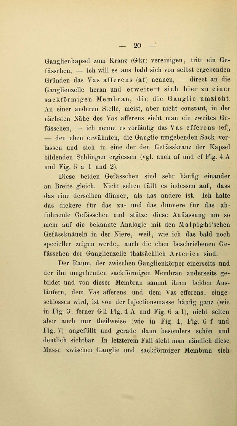 Ganglienkapsel zuna Kranz (Gkr) vereinigen, tritt ein Ge- fässchen, — ich will es aus bald sich von selbst ergebenden Gründen das Vas afferens (af) nennen, — direct an die Ganglienzelle heran und erweitert sich hier zu einer sackförmigen Membran, die die Ganglie umzieht. An einer anderen Stelle, meist, aber nicht constant, in der nächsten Nähe des Vas afferens sieht man ein zweites Ge- fässchen, — ich nenne es vorläufig das Vas efferens (ef), — den eben erwähnten, die Ganglie umgebenden Sack ver- lassen und sich in eine der den Gefässkranz der Kapsel bildenden Schlingen ergiessen (vgl. auch af und ef Fig. 4 A und Fig. 6 a 1 und 2). Diese beiden Gefässchen sind sehr häufig einander an Breite gleich. Nicht selten fällt es indessen auf, dass das eine derselben dünner, als das andere ist. Ich halte das dickere für das zu- und das dünnere für das ab- führende Gefässchen und stütze diese Auffassung um so mehr auf die bekannte Analogie mit den Malpighi'sehen Gefässknäueln in der Niere, weil, wie ich das bald noch specieller zeigen werde, auch die eben beschriebeneu Ge- fässchen der Ganglienzelle thatsächlich Arterien sind. Der Raum, der zwischen Ganglienkörper einerseits und der ihn umgebenden sackförmigen Membran anderseits ge- bildet und von dieser Membran sammt ihren beiden Aus- läufern, dem Vas afferens und dem Vas efferens, einge- schlossen wird, ist von der Injectionsmasse häufig ganz (wie in Fig. 3, ferner Gli Fig. 4 A und Fig. 6 a 1), nicht selten aber auch nur theilweise (wie in Fig. 4, Fig. 6 f und Fig. 7) angefüllt und gerade dann besonders schön und deutlich sichtbar. In letzterem Fall sieht man nämlich diese Masse zwischen Ganglie und sackförmiger Membran sich