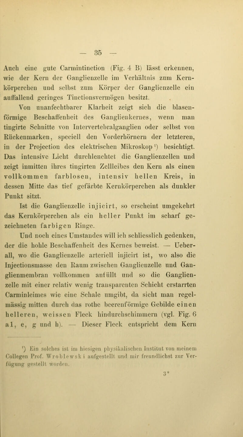 Auch eine i;ute Carmintinction (Fig. 4 B) lässt erkennen, wie der Kern der Ganglienzelle im Verhältnis zum Kern- körperchen und selbst zum Körper der Gang-lienzelle ein auflallend geringes Tinctionsvermögen besitzt. Von unanfechtbarer Klarheit zeigt sich die blasen- förmige Beschaffenheit des Ganglienkernes, wenn man tingirte Schnitte von Intervertebralganglien oder selbst von Rückenmarken, speciell den Vorderhörnern der letzteren, in der Projection des elektrischen Mikroskop') besichtigt. Das intensive Licht durchleuchtet die Ganglienzellen und zeigt inmitten ihres tingirten Zellleibes den Kern als einen vollkommen farblosen, intensiv hellen Kreis, in dessen Mitte das tief gefärbte Kerukörperchen als dunkler Punkt sitzt. Ist die Ganglienzelle injicirt, so erscheint umgekehrt das Kerukörperchen als ein heller Punkt im scharf ge- zeichneten farbigen Ringe. Und noch eines Umstandes will ich schliesslich gedenken, der die hohle Beschaffenheit des Kernes beweist. — Ueber- all, wo die Ganglienzelle arteriell injicirt ist, wo also die Injectionsmasse den Raum zwischen Gauglienzelle und Gan- glienmembran vollkommen anfüllt und so die Ganglien- zelle mit einer relativ wenig transparenten Schicht erstarrten Carminleimes wie eine Schale umgibt, da sieht man regel- mässig mitten durch das rothe beerenförmigc Gebilde einen helleren, weissen Fleck hindurchschimmern (vgl. Fig. 6 al, e, g und h). — Dieser Fleck entspricht dem Kern ') l:^in .solcl)es i.st im hiesigen pliysikalischcri liisliUit von meinem Lollegen Prof. Wroblewsk i aufgeslelH iiinl mii- rriMMvlliclisi znr Ver- fügung gestellt wonliMi. 3*