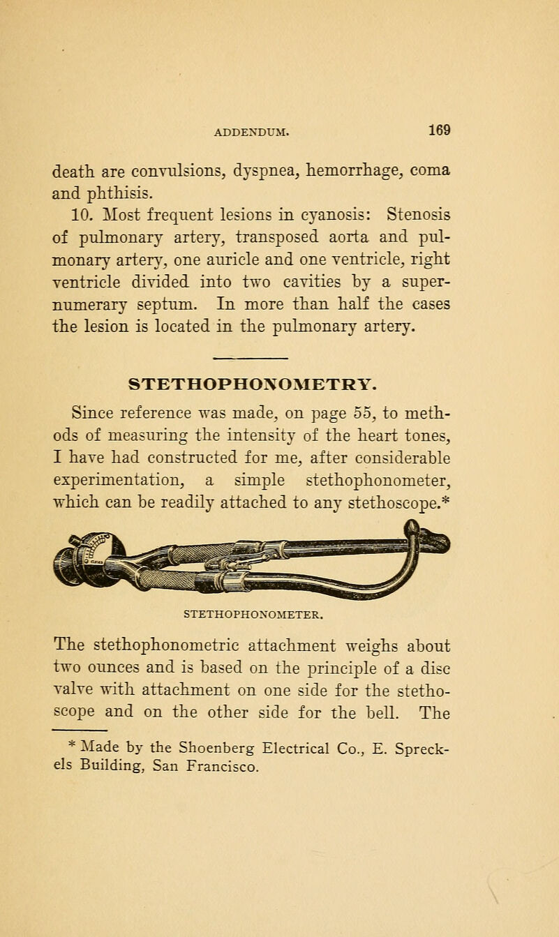 death are conralsions, dyspnea, lieiiiorrhage, coma and phtliisis. 10. Most frequent lesions in cyanosis: Stenosis of pulmonary artery, transposed aorta and pul- monary arter}', one auricle and one ventricle, right ventricle divided into two cavities by a super- numerary septum. In more than half the cases the lesion is located in the pulmonary artery. STETHOPHOXOMETRY. Since reference yvas made, on page 55, to meth- ods of measuring the intensity of the heart tones, I have had constructed for me, after considerable experimentation, a simple stethophonometer, which can be readily attached to any stethoscope.* STETHOPHONOMETER. The stethophonometric attachment weighs about two ounces and is based on the principle of a disc valve with attachment on one side for the stetho- scope and on the other side for the bell. The * Made by the Shoenberg Electrical Co., E. Spreck- els Building, San Francisco.