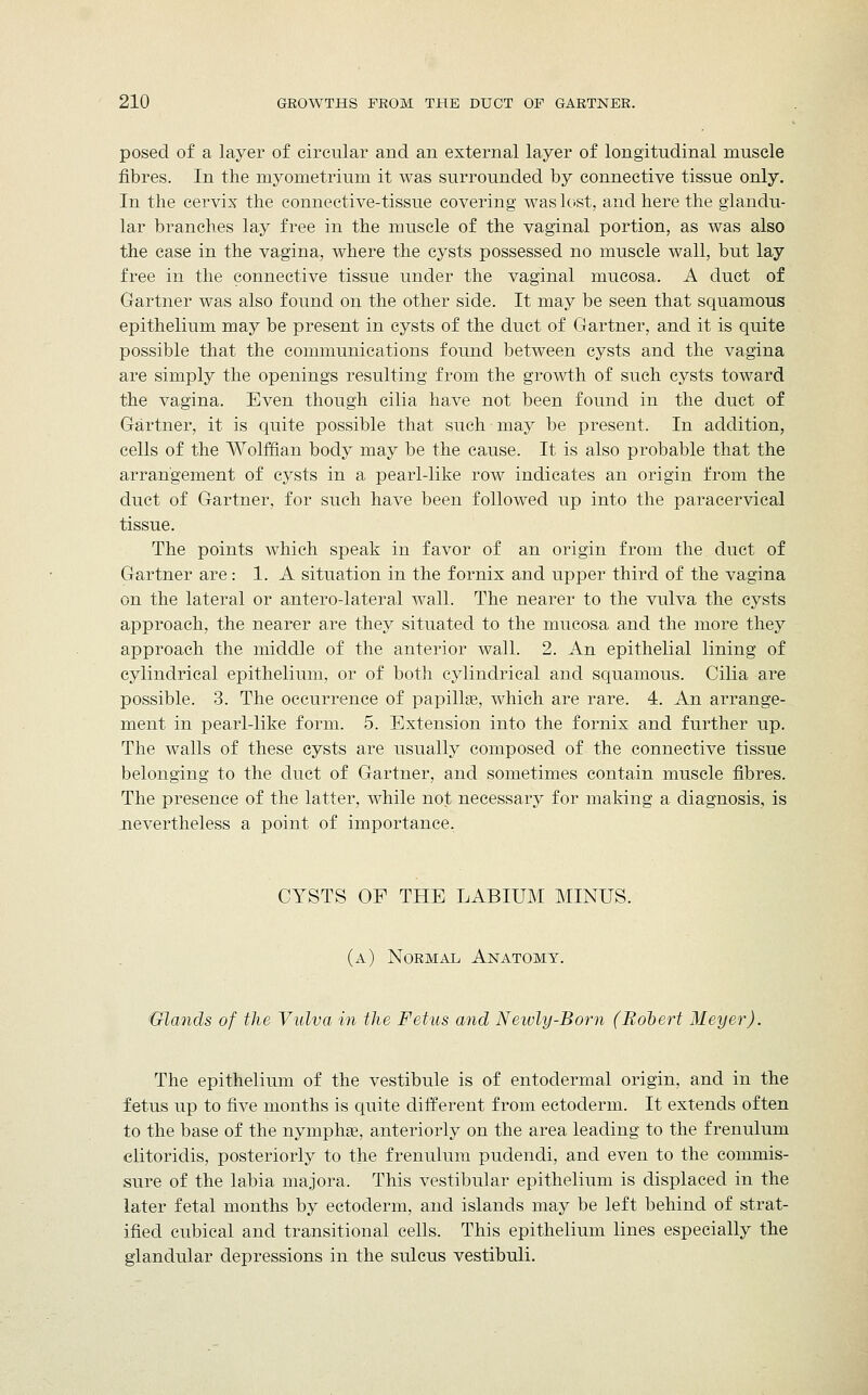 posed of a layer of circular and an external layer of longitudinal muscle fibres. In the myometrium it was surrounded by connective tissue only. In the cervix the connective-tissue covering was lost, and here the glandu- lar branches lay free in the muscle of the vaginal portion, as was also the case in the vagina, where the cysts possessed no muscle wall, but lay free in the connective tissue under the vaginal mucosa. A duct of Gartner was also found on the other side. It may be seen that squamous epithelium may be present in cysts of the duct of Gartner, and it is quite possible that the communications found between cysts and the vagina are simply the openings resulting from the growth of such cysts toward the vagina. Even though cilia have not been found in the duct of Gartner, it is quite possible that such may be present. In addition, cells of the Wolffian body may be the cause. It is also probable that the arrangement of cysts in a pearl-like row indicates an origin from the duct of Gartner, for such have been followed up into the paracervical tissue. The points which speak in favor of an origin from the duct of Gartner are: 1. A situation in the fornix and upper third of the vagina on the lateral or antero-lateral wall. The nearer to the vulva the cysts approach, the nearer are they situated to the mucosa and the more they approach the middle of the anterior wall. 2. An epithelial lining of cylindrical epithelium, or of both cylindrical and squamous. Cilia are possible. 3. The occurrence of papillae, which are rare. 4. An arrange- ment in pearl-like form. 5. Extension into the fornix and further up. The walls of these cysts are usually composed of the connective tissue belonging to the duct of Gartner, and sometimes contain muscle fibres. The presence of the latter, while not necessary for making a diagnosis, is .nevertheless a point of importance. CYSTS OF THE LABIUM MINUS. (a) Normal Anatomy. 'Glands of the Vulva in the Fetus and Newly-Born (Robert Meyer). The epithelium of the vestibule is of entodermal origin, and in the fetus up to five months is quite different from ectoderm. It extends often to the base of the nymphae, anteriorly on the area leading to the frenulum elitoridis, posteriorly to the frenulum pudendi, and even to the commis- sure of the labia majora. This vestibular epithelium is displaced in the later fetal months by ectoderm, and islands may be left behind of strat- ified cubical and transitional cells. This epithelium lines especially the glandular depressions in the sulcus vestibuli.