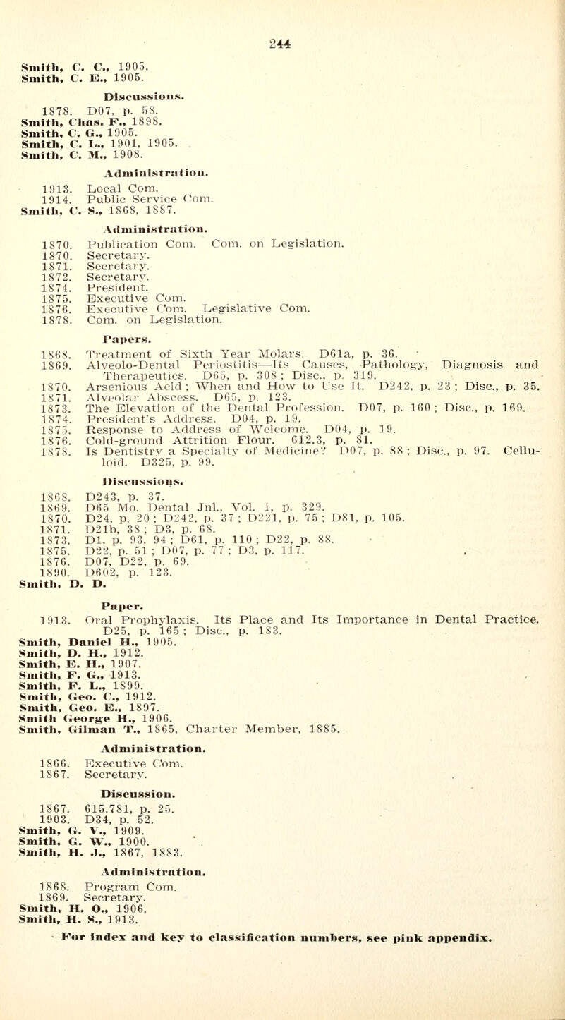 Smith, C. C, 1905. Smith, C. E., 1905. Discussions. 1878. D07, p. 58. Smith, Clias. F., 1898. Smith, C. G., 1905. Smith, C. L,., 1901, 1905. Smith, C. M„ 1908. Administration. 1913. Local Com. 1914. Public Service Com. Smith, C. S., 186S, 1887. Administration. IS70. Publication Com. Com. on Legislation. 1870. Secretary. 1871. Secretary. 1872. Secretary. 1574. President. 1575. Executive Com. 1876. Executive Com. Legislative Com. 1878. Com. on Legislation. Papers. 186S. Treatment of Sixth Year Molars D61a, p. 36. 1869. Alveolo-Dental Periostitis—Its Causes, Pathology, Diagnosis and Therapeutics. D65, p. 308 ; Disc, p. 319. 1870. Arsenious Acid; When and How to I'se It. D242, p. 23; Disc, p. 35. 1871. Alveolar Abscess. D65, p. 123. 1873. The Elevation of the Dental Profession. D07, p. 160 ; Disc, p. 169. 1574. President's Address. D04, p. 19. 1575. Response to Address of Welcome. D04, p. 19. 1876. Cold-ground Attrition Flour. 612.3, p. 81. 1878. Is Dentistry a Specialty of Medicine? D07, p. 88; Disc, p. 97. Cellu- loid. D325, p. 99. Discussions. 186S. D243, p. 37. 1869. D65 Mo. Dental Jnl., Vol. 1, p. 329. 1870. D24, p. 20; D242, p. 37; D221, p. 75; DS1, p. 105. 1871. D21b, 3S ; D3, p. 68. 1873. Dl, p. 93, 94; D61, p. 110; D22, p. 88. 1875. D22, p. 51 ; D07, p. 77 ; D3, p. 117. 1876. D07, D22, p. 69. 1890. D602, p. 123. Smith, D. D. Paper. 1913. Oral Prophylaxis. Its Place and Its Importance in Dental Practice. D25, p. 165 ; Disc, p. 1S3. Smith, Daniel H., 1905. Smith, D. H., 1912. Smith, E. H., 1907. Smith, F. G., 1913. Smith, F. L,., 1S99. Smith, Geo. C, 1912. Smith, Geo. E., 1897. Smith George H., 1906. Smith, Gilman T„ 1865, Charter Member, 1885. Administration. 1S66. Executive Com. 1867. Secretary. Discussion. 1867. 615.781, p. 25. 1903. D34, p. 52. Smith, G. V., 1909. Smith, G. W., 1900. Smith, H. J., 1867, 1883. Administration. 1868. Program Com. 1869. Secretary. Smith, H. O., 1906. Smith, H. S., 1913.