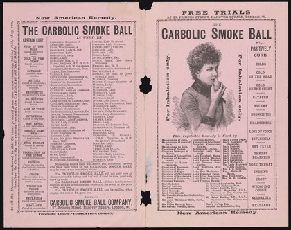 The Carbolic Smoke Ball : for inhalation only : will positively cure colds, cold in the head, cold on the chest, catarrh, asthma, bronchitis ...  / Carbolic Smoke Ball Company.