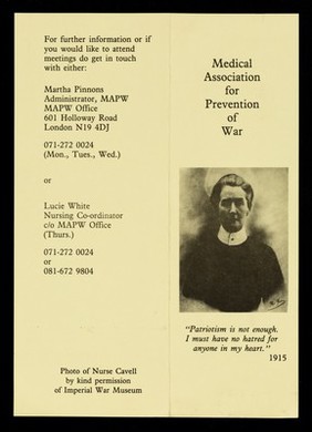 Medical Association for Prevention of War : "Patriotism is not enough. I must have no hatred in my heart." 1915 / Medical Association for the Prevention of War.