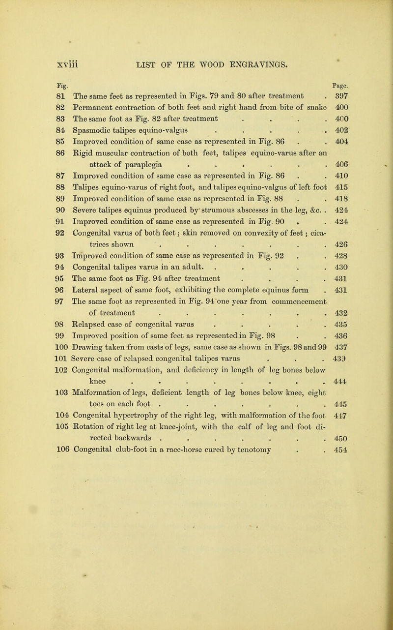 Fig. Page. 81 The same feet as represented in Figs. 79 and 80 after treatment . 397 82 Permanent contraction of botli feet and right hand from bite of snake 400 83 The same foot as Fig. 82 after treatment . . . . 400 84 Spasmodic talipes equino-valgus ..... 402 85 Improved condition of same case as represented in Fig. 86 . . 404 86 Rigid muscular contraction of both feet, talipes equino-varus after an attack of paraplegia ...... 406 87 Improved condition of same case as represented in Fig. 86 . . 410 88 TaHpes equino-varus of right foot, and talipes equino-valgus of left foot 415 89 Improved condition of same case as represented in Fig. 88 . . 418 90 Severe talipes equinus produced by strumous abscesses in the leg, &c. . 424 91 Improved condition of same case as represented in Fig. 90 , . 424 92 Congenital varus of both feet; skin removed on convexity of feet; cica- trices shown ....... 426 93 Improved condition of same case as represented in Fig. 92 . . 428 94 Congenital talipes varus in an adult. ..... 430 95 The same foot as Fig. 94 after treatment .... 431 96 Lateral aspect of same foot, exhibiting the complete equinus form . 431 97 The same foot as represented in Fig. 94 one year from commencement of treatment . . . . . . .432 98 Relapsed case of congenital varus ..... 435 99 Improved position of same feet as represented in Fig. 98 . . 436 100 Drawing taken from casts of legs, same case as shown in Figs. 98 and 99 437 101 Severe case of relapsed congenital talipes varus . . . 439 102 Congenital malformation, and deficiency in length of leg bones below knee ........ 444 103 Malformation of legs, deficient length of leg bones below knee, eight toes on each foot ....... 445 104 Congenital hypertrophy of the right leg, with malformation of the foot 447 105 Rotation of right leg at knee-joint, with the calf of leg and foot di- rected backwards ....... 450