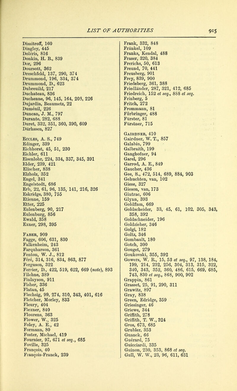 Dimitroff, 160 Dingley, 445 Doleris, 816 Donkin, H. B., 839 Dor, 296 Doursott, 362 Dreschfeld, 137, 290, 374 Drummond, 196, 334, 374 Drummond, D., 623 Dubreuihl, 217 Duchateau, 836 Duchenne, 96, 145, 164, 203, 226 Dujardin, Beaumetz, 22 Dumenil, 226 Duncan, J. M., 797 Durante, 282, 688 Duret, 332, 351, 360, 390, 609 Diirhssen, 827 Eccles, A. S., 749 Edinger, 339 Eichhorst, 45, 51, 230 Eichler, 611 Eisenlohr, 224, 334, 337, 345, 391 Elder, 239, 421 Elischer, 838 Elzholz, 352 Engel, 341 Engelstedt, 686 Erb, 22, 61, 96, 135, 141, 216, 326 Eskridge, 380, 755 Etienne, 159 Etter, 225 Eulenberg, 90, 217 Eulenburg, 856 Ewald, 358 Exner, 298, 395 Faber, 909 Fagge, 606, 631, 830 Falkenheim, 243 Farquharson, 361 Fenton, W. J., 812 Fere, 314, 316, 834, 863, 877 Ferguson, 322 Ferrier, D., 422, 519, 622, 669 {note), 893 Filehne, 389 Finlayson, 911 Fisher, 336 Flatau, 45 Flechsig, 99, 274, 310, 343, 401, 616 Fletcher, Morley, 833 Fleury, 404 Flexner, 840 Flourens, 363 Flower, W., 325 Foley, A. E., 42 Formann, 80 Foster, Michael, 419 Fournier, 97, 671 et seq., 685 Foville, 325 Francois, 40 Francois-Franck, 239 Frank, 332, 848 Frimkel, 109 Franks, Kendal, 488 Fraser, 320, 384 Frerichs, 50, 613 Freund, 70, 441 Freusberg, 901 Frey, 839, 900 Friedeberg, 361, 388 Friedlander, 287, 321, 412, 685 Friedreich, 152 et seq., 888 et seq. Frinberg, 5 Fritch, 272 Frommann, 81 Fiirbringer, 488 Furster, 81 Fiirstner, 715 Gairdner, 410 Gairdner, W. T., 857 Galabin, 799 Galbraith, 199 \. Ganghofner, 94 Garel, 296 Garrod, A. E, 849 Gaucher, 436 Gee, S., 472, 514, 689, 884, 903 Gehuchten, van, 102 Giese, 327 Gieson, van, 173 Gintrac, 606 Glynn, 393 Goldflam, 669 Goldscheider, 33, 45, 61, 102, 305, 343, 358, 392 Goldschneider, 196 Goldzieher, 346 Golgi, 182 Goltz, 346 Gombault, 180 Gotch, 300 Gouget, 279 Goukovski, 355, 392 Gowers, W. R, 15, 53 et seq., 97, 138, 184, 199, 214, 232, 256, 304, 313, 315, 322, 340, 343, 352, 360, 486, 615, 669, 685, 743, 830 et seq., 868, 900, 902 Grappin, 861 Grasset, 25, 91, 290, 311 Grawitz, 897 Gray, 838 Green, Edridge, 359 Griesinger, 46 Griewe, 344 Griffith, 278 Griffith, T. W., 324 Gros, 673, 685 Grubler, 353 Guanck, 66 Guerard, 75 Guicciardi, 335 Guinon, 230, 353, 868 et seq. Gull, W. W., 23, 96, 611, 631