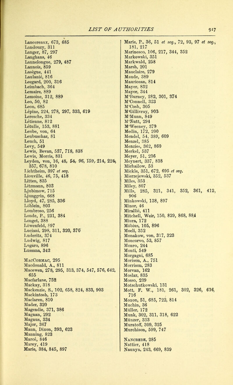 Lancereaux, 673, 685 Laudouzy, 311 Langer, 87, 297 Langhans, 46 Lannelongue, 279, 487 Lannois, 859 Lasegue, 441 Laulanie, 816 Leegard, 200, 316 Leimbach, 364 Lemaire, 889 Lemoine, 312, 889 Leo, 50, 82 Leon, 685 Lepine, 224, 278, 297, 333, 619 Leresche, 334 Letiemie, 812 Letulle, 153, 881 Leube, von, 64 Leubuschar, 81 Leuch, 51 Levy, 549 Lewis, Bevan, 537, 718, 838 Lewis, Morris, 831 Leyden, von, 16, 48, 54, 96, 159,. 214, 224^ 357, 678, 810 I jchtheim, 397 et seq. Liouville, 46, 75, 418 Litten, 835 Litzmann, 803 Ljubimow, 715 Ljunggrin, 668 Lloyd, 47, 285, 336 Lohlein, 803 Lombroso, 256 Londe, P., 231, 384 Longet, 388 Lowenfeld, 897 Luciani, 298, 311, 320, 370 Luderitz, 374 Ludwig, 817 Lngaro, 896 Lussana, 342 MacCormac, 295 Macdonald, A., 811 Macewen, 278, 295, 313, 374, 547, 576, 642, 655 Macfarlane, 752 Mackay, 318 Mackenzie, S., 102, 658, 824, 833, 903 Mackintosh, 173 Maclaren, 810 Mader, 320 Magendie, 371, 386 Magnan, 292 Magnus, 334 Major, 367 Mann, Dixon, 393, 623 Manning, 823 Marce, 846 Marey, 419 Marie, 384, 845, 897 Marie, P., 36, 51 et seq., 72, 93, 97 et seq., 181, 217 Marinesco, 106, 217, 344, 352 Markowski, 351 Markwald, 258 Marsh, 201 Mauclaire, 279 Maude, 389 Mauricean, 814 Mayer, 832 Mayor, 344 M'Burney, 282, 301, 374 M'Connell, 323 M'Cosh, 305 M'Gillivray, 90& M'Munn, 849 M'Kutt, 294 M'Weeney, 379 Medin, 172, 200 Mendel, 54, 389, 609 Menzel, 385 Menzies, 362, 860 Merkel, 537 Meyer, 51, 236 Meynert, 337, 838 Miehailow, 53 Mickle, 351, 672, 695 et seq. Mierzejewski, 352, 537 Miles, 353 Miley, 807 Mills, 285, 321, 341, 352, 361, 412, 906 Minkowski, 138, 897 Minor, 46 Mirallie, 411 Mitchell, Weir, 150, 829, 868, 884 Miura, 172 Mobius, 105, 896 Moeli, 352 Monakow, von, 317, 323 Moncorvo, 53, 857 Monro, 244 Monti, 549 Morgagni, 685 Morison, A., 751 Morrison, 283 Morvan, 162 Moslar, 835 Mosso, 239 Motschutkowski, 131 Mott, F. W., 181, 261, 302, 326, 616, 716 Moxon, 51, 685, 722, 814 Muchin, 36 Miiller, 172 Munk, 302, 311, 318, 622 Miinzer, 333 Muratoff, 309, 325 Murchison, 599, 747 Nancrede, 285 Nattier, 418 Naunyn, 243, 669, 839