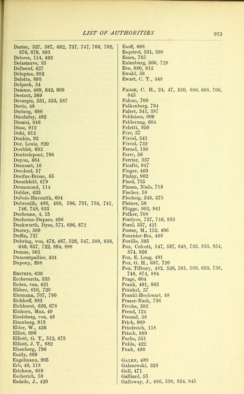 Darier, 527, 587, 682, 737, 747, 766, 792, 876, 879, 893 Debove, 114, 492 Delasiauve, 35 Delbceuf, 427 Delepine, 882 Delotte, 893 Delpech, 54 Demme, 469, 642, 909 Destaut, 569 Devergie, 531, 553, 587 Devic, 48 Dieberg, 686 Dieulafoy, 492 Dionisi, 946 Disse, 912 Dohi, 912 Donkin, 92 Dor, Louis, 820 Doublet, 682 Doutrelepont, 796 Doyon, 464 Dransart, 16 Drechsel, 57 Dreifus-Brisac, 65 Dreschfeld, 679 Drummond, 114 Dubler, 633 Dubois-Havenitli, 604 Dubreuilh, 480, 489, 596, 701, 734, 741, 746, 748, 833 Duchenne, 4, 15 Ducliesne-Duparc, 496 Duckworth, Dyce, 571, 696, 872 Ducrey, 569 Duffin, 727 Duhring, von, 478, 487, 526, 547, 589, 638, 649, 657, 722, 884, 898 Dumas, 362 Dumontpallier, 424 Dupouy, 898 Ebstein, 630 Eccheverria, 335 Eedeu, van, 421 Ehlers, 610, 720 Ehrmann, 707, 780 Eichhoff, 883 Eichhorst, 630, 678 Einhorn, Max, 49 Eiselsberg, von, 48 Eisenberg, 913 Elder, W., 436 Elliot, 696 Elliott, G. T., 512, 673 Elliott, J. T., 682 Eisenberg, 796 Emily, 869 Engelmann, 905 Erb, 48, 118 Erichsen, 688 Escherich, 58 Esdaile, J., 420 Esoff, 668 Esquirol, 331, 390 Essen, 785 Eulenburg, 566, 729 Eve, 880, 912 Ewald, 56 Ewart, C. T., 348 Fagge, C. H., 24, 47, 550, 680, 688, 766, 845 Falcao, 700 Falkenberg, 794 Falret, 341, 387 Fehleisen, 909 Felderung, 604 Feletti, 950 Fere, 37 Fereal, 541 Fereol, 732 Fernel, 136 Ferre, 56 Ferrier, 337 Ficalbi, 947 Finger, 469 Finlay, 902 Finol, 735 Finsen, Niels, 718 Fischer, 58 Flechsig, 348, 375 Fleiner, 56 Fltigge, 903, 941 Folker, 708 Fordyce, 737, 746, 833 Forel, 337, 421 Foster, M., 152, 406 Fournier-Bes, 469 Foville, 395 Fox, Colcott, 547, 597, 648, 733, 833, 854, 874, 926 Fox, E. Long, 491 Fox, G. H., 697, 726 Fox, Tilbury, 482, 526, 561, 589, 650, 738, 748, 874, 884 Frage, 604 Frank, 491, 863 Frank el, 57 Frankl-Hochwart, 48 Frazer-Nash, 736 Freche, 592 Freud, 124 Freund, 58 Frick, 909 Friedreich, 118 Frisch, 889 Fuchs, 551 Fulda, 422 Funk, 480 Galen, 489 Galezowski, 328 Gall, 471 Galliard, 55 Galloway, J., 486, 538, 834, 845