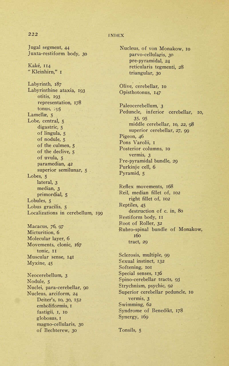 Jugal segment, 44 Juxta-restiform body, 30 Kake, 114  Kleinhirn, i Labyrinth, 187 Labyrinthine ataxia, 193 otitis, 193 representation, 178 tonus, 1' 95 Lamellae, 5 Lobe, central, 5 digastric, 5 of lingula, 5 of nodule, 5 of the culmen, 5 of the declive, 5 of uvula, 5 paramedian, 42 superior semilunar, 5 . Lobes, 5 lateral, 3 median, 3 primordial, 5 Lobules, 5 Lobus gracilis, 5 Localizations in cerebellum, 199 Macacus, 76, 97 Micturition, 6 Molecular layer, 6 Movements, clonic, 167 tonic, II Muscular sense, 141 Myxine, 45 Neocerebellum, 3 Nodule, 5 Nuclei, para-cerebellar, 90 Nucleus, arciform, 24 Deiter's, 10, 30, 152 emboliformis, i fastigii, I, 10 globosus, I magno-cellularis, 30 of Bechterew, 30 Nucleus, of von Monakow, 10 parvo-cellularis, 30 pre-pyramidal, 24 reticularis tegmenti, 28 triangular, 30 Olive, cerebellar, 10 Opisthotonus, 147 Paleocerebellum, 3 Peduncle, inferior cerebellar, 10, 35, 95 middle cerebellar, 10, 22, 98 superior cerebellar, 27, 99 Pigeon, 46 Pons Varolii, i Posterior columns, 10 vermis, 3 Pre-pyramidal bundle, 29 Purkinje cell, 6 Pyramid, 5 Reflex movements, 168 Reil, median fillet of, 102 right fillet of, 102 Reptiles, 45 destruction of c. in, 80 Restiform body, 11 Root of Roller, 32 Rubro-spinal bundle of Monakow, 160 tract, 29 Sclerosis, multiple, 99 Sexual instinct, 132 Softening, loi Special senses, 136 Spino-cerebellar tracts, 93 Strychnism, psychic, 92 Superior cerebellar peduncle, 10 vermis, 3 Swimming, 62 Syndrome of Benedikt, 178 Synergy, 169 Tonsils, 5