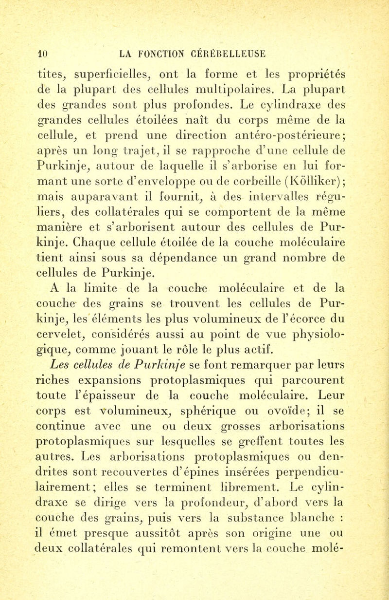 tites, superficielles, ont la forme et les proprietes de la plupart des cellules multipolaires. La plupart des grandes sont plus profondes. Le cylindraxe des grandes cellules etoilees nait du corps meme de la cellule, et prend une direction antero-posterieure; apres un long trajet, il se rapproche d'une cellule de Purkinje, autour de laquelle il s'arborise en lui for- mant une sorte d'enveloppe ou de corbeille (Kolliker); mais auparavant il fournit, a des intervalles regu- liers, des collaterales qui se comportent de la meme maniere et s'arborisent autour des cellules de Pur- kinje. Chaque cellule etoilee de la couche moleculaire tient ainsi sous sa dependance un grand nombre de cellules de Purkinje. A la limite de la couch-e moleculaire et de la couche des grains se trouvent les cellules de Pur- kinje, les elements les plus volumineux de l'ecorce du cervelet, consideres aussi au point de vue physiolo- gique, comme jouant le role le plus actif. Les cellules de Purkinje se font remarquer par leurs riches expansions protoplasmiques qui parcourent toute l'epaisseur de la couche moleculaire. Leur corps est volumineux, spherique ou ovoide; il se continue avec une ou deux grosses arborisations protoplasmiques sur lesquelles se greffent toutes les autres. Les arborisations protoplasmiques ou den- drites sont recouvertes d'epines inserees perpendicu- lairement; elles se terminent librement. Le cylin- draxe se dirige vers la profondeur, d'abord vers la couche des grains, puis vers la substance blanche : il emet presque aussitot apres son origine une ou deux collaterales qui remontent vers la couche mole-