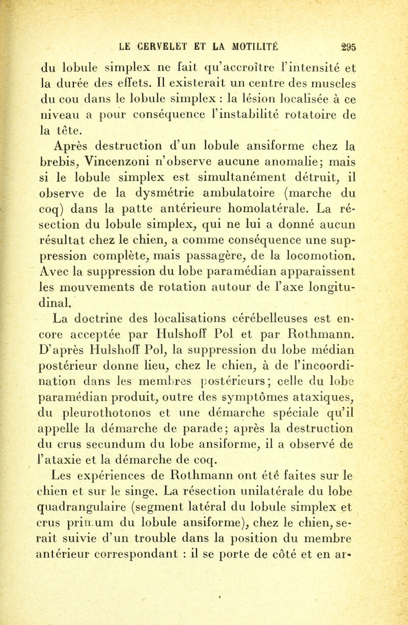 du lobule simplex ne fait qu'accroitre I- intensity et la duree des effets. II existerait un centre des muscles du cou dans le lobule simplex : la lesion localisee a ce niveau a pour consequence F instability rotatoire de la tete. Apres destruction d'un lobule ansiforme chez la brebis, Vincenzoni n'observe aucune anomalie; mais si le lobule simplex est simultanement detruit, il observe de la dysmetrie ambulatoire (marche du coq) dans la patte anterieure homolaterale. La re- section du lobule simplex, qui ne lui a donne aucun resultat chez le chien, a comme consequence une sup- pression complete, mais passagere, de la locomotion. Avec la suppression du lobe paramedian apparaissent les mouvements de rotation autour de l'axe longitu- dinal. La doctrine des localisations cerebelleuses est em core acceptee par Hulshoff Pol et par Rothmann. D'apres Hulshoff Pol, la suppression du lobe median posterieur donne lieu, chez le chien, a de 1'incoordi- nation dans les membres posterieurs; celle du lobe paramedian produit, outre des symptomes ataxiques, du pleurothotonos et une demarche speciale qu'il appelle la demarche de parade; apres la destruction du crus secundum du lobe ansiforme, il a observe de l'ataxie et la demarche de coq. Les experiences de Rothmann ont ete* faites sur le chien et sur le singe. La resection unilaterale du lobe quadrangulaire (segment lateral du lobule simplex et crus prin;um du lobule ansiforme), chez le chien, se- rait suivie d'un trouble dans la position du membre anterieur correspondant : il se porte de cote et en ar-