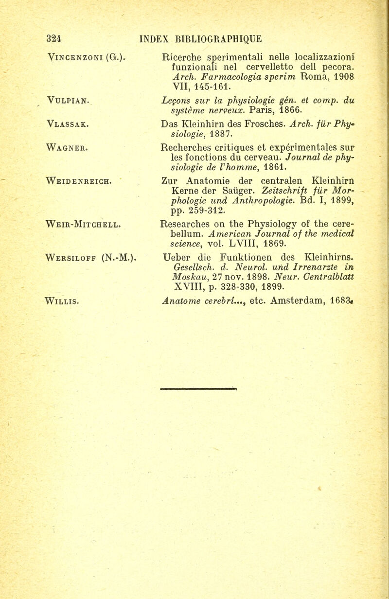 VlNCENZONI (G.). VULPIAN. Vlassak. Wagner. Weidenreich. Weir-Mitchell. Wersiloff (N.-M.). Willis. Ricerche sperimentali nelle localizzazioni funzionali nel cervelletto dell pecora. Arch. Farmacologia sperim Roma, 1908 VII, 145-161. Lecons sur la physiologic gen. et comp. du systeme nerveux. Paris, 1866. Das Kleinhirn des Frosches. Arch, fiir Phy- siologie, 1887. Recherches critiques et expe>imentales sur les fonctions du cerveau. Journal de phy- siologie de Vhomme, 1861. Zur Anatomic der centralen Kleinhirn Kerne der Saiiger. Zeitschrift fiir Mor- phologic und Anthropologic. Bd. I, 1899, pp. 259-312. Researches on the Physiology of the cere- bellum. American Journal of the medical science, vol. LVIII, 1869. Ueber die Funktionen des Kleinhirns. Gesellsch. d. Neurol, und Irrenarzte in Moskau, 27 nov. 1898. Neur. Centralblatt XVIII, p. 328-330, 1899. Anatome cerebri..., etc. Amsterdam, 1683«